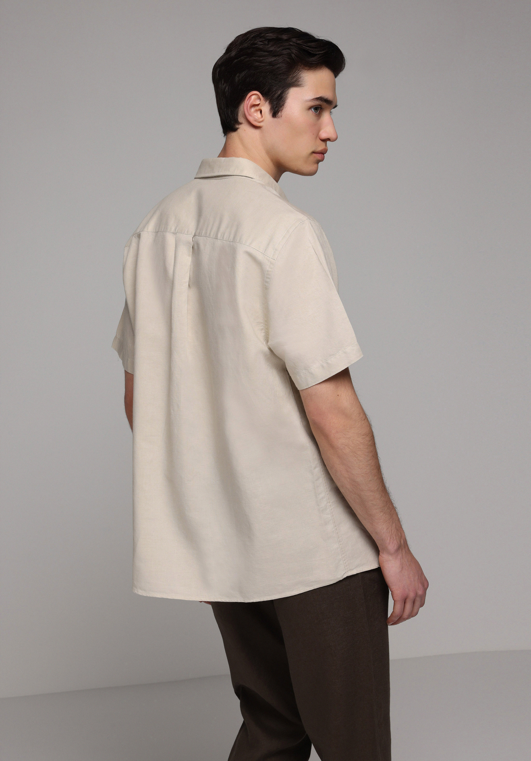 Regular Fit Shirt Neck Düz Erkek Bej Uzun Kol Gömlek