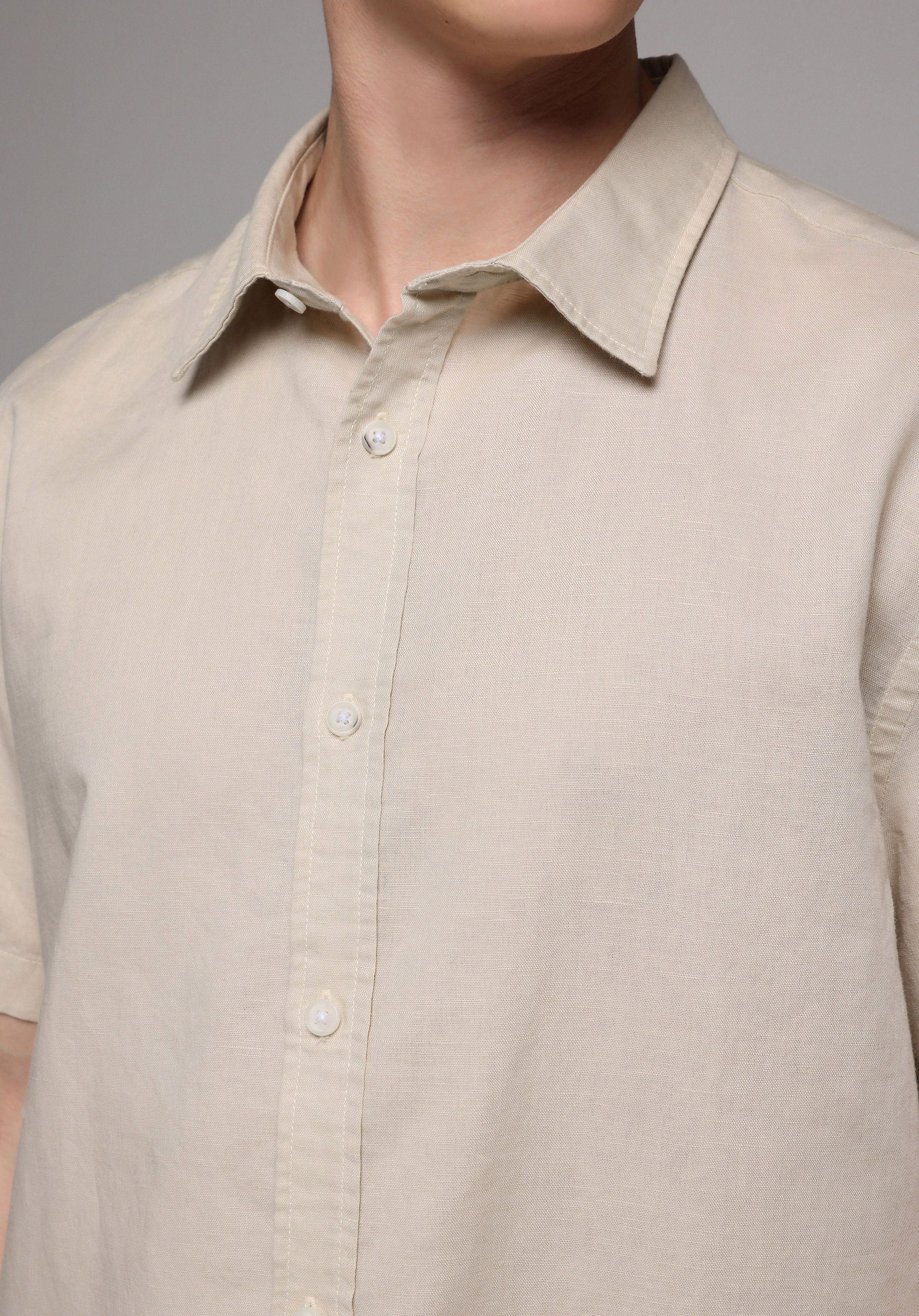 Regular Fit Shirt Neck Düz Erkek Bej Uzun Kol Gömlek