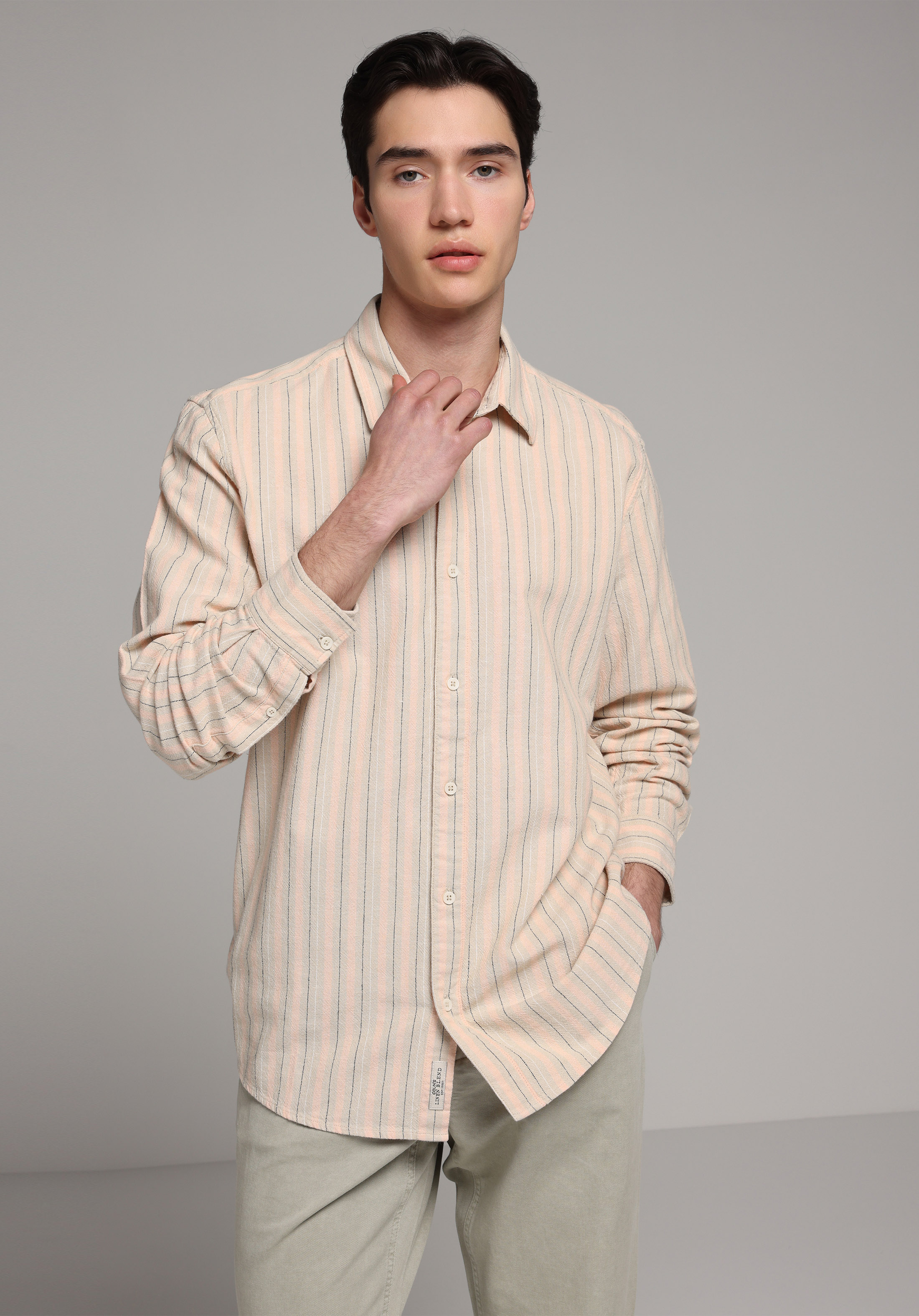 Relaxed Fit Shirt Neck Çizgili Erkek Turuncu Uzun Kol Gömlek