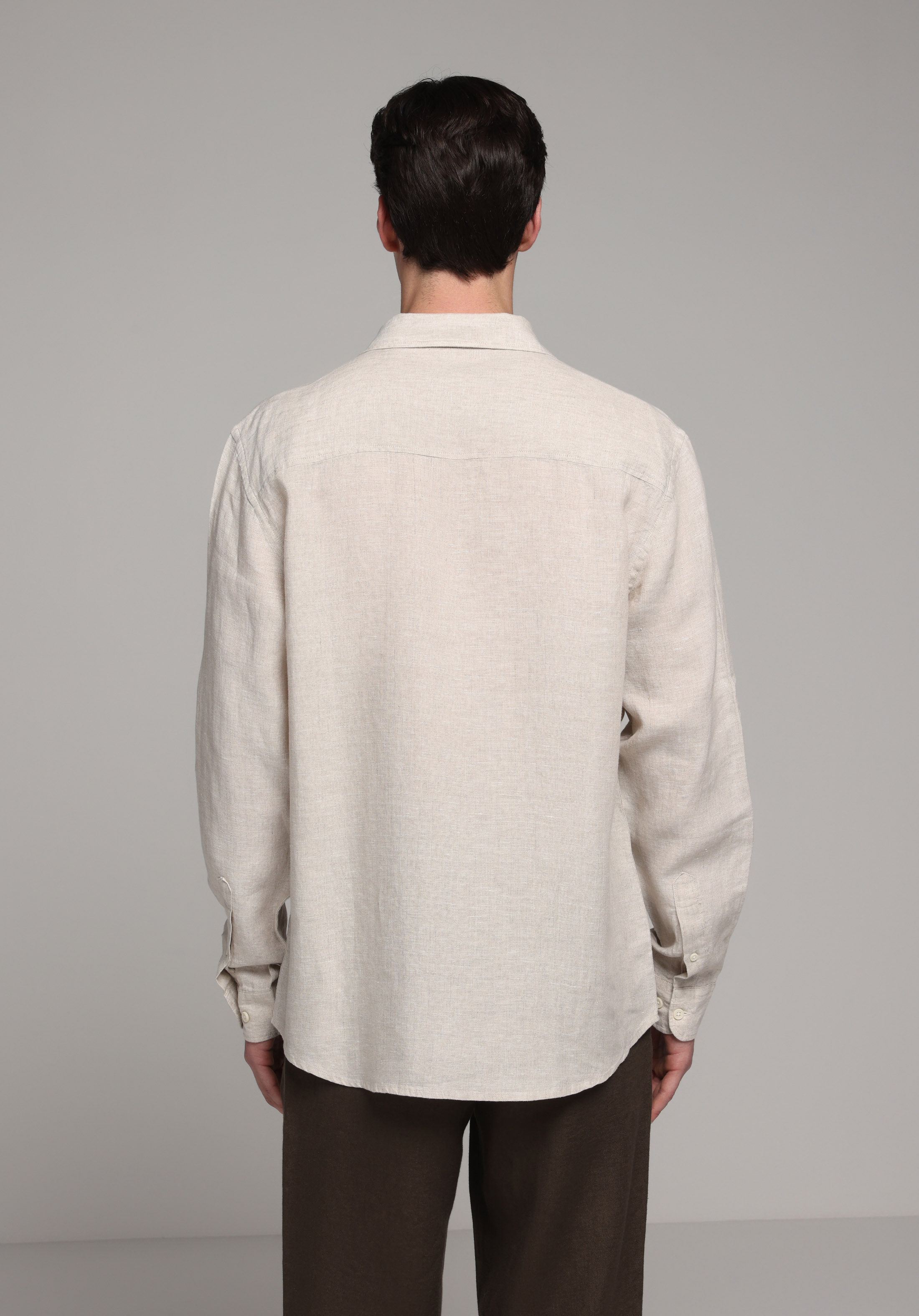Regular Fit Shirt Neck Düz Erkek Bej Uzun Kol Gömlek