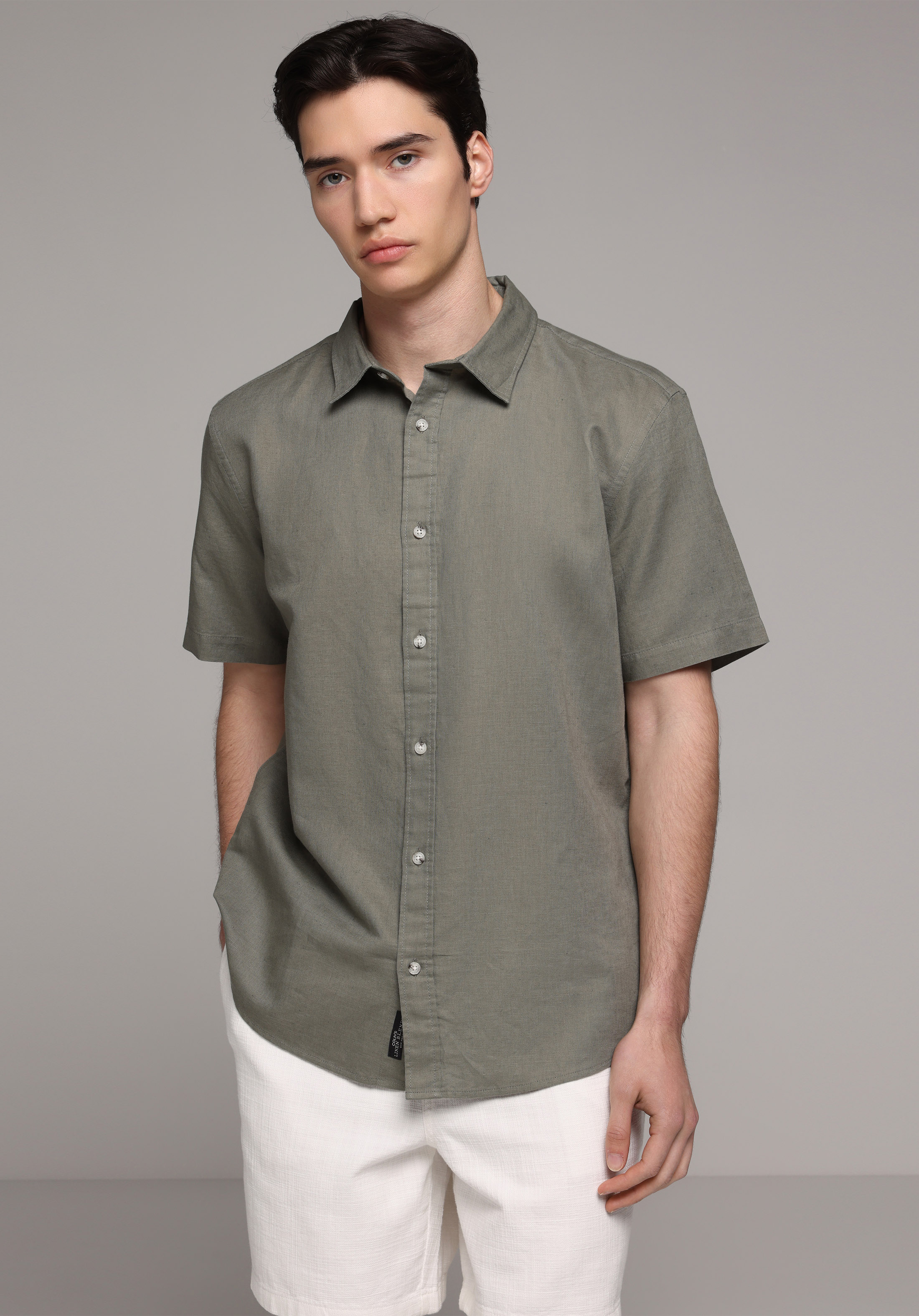 Regular Fit Shirt Neck Düz Erkek Yeşil Uzun Kol Gömlek