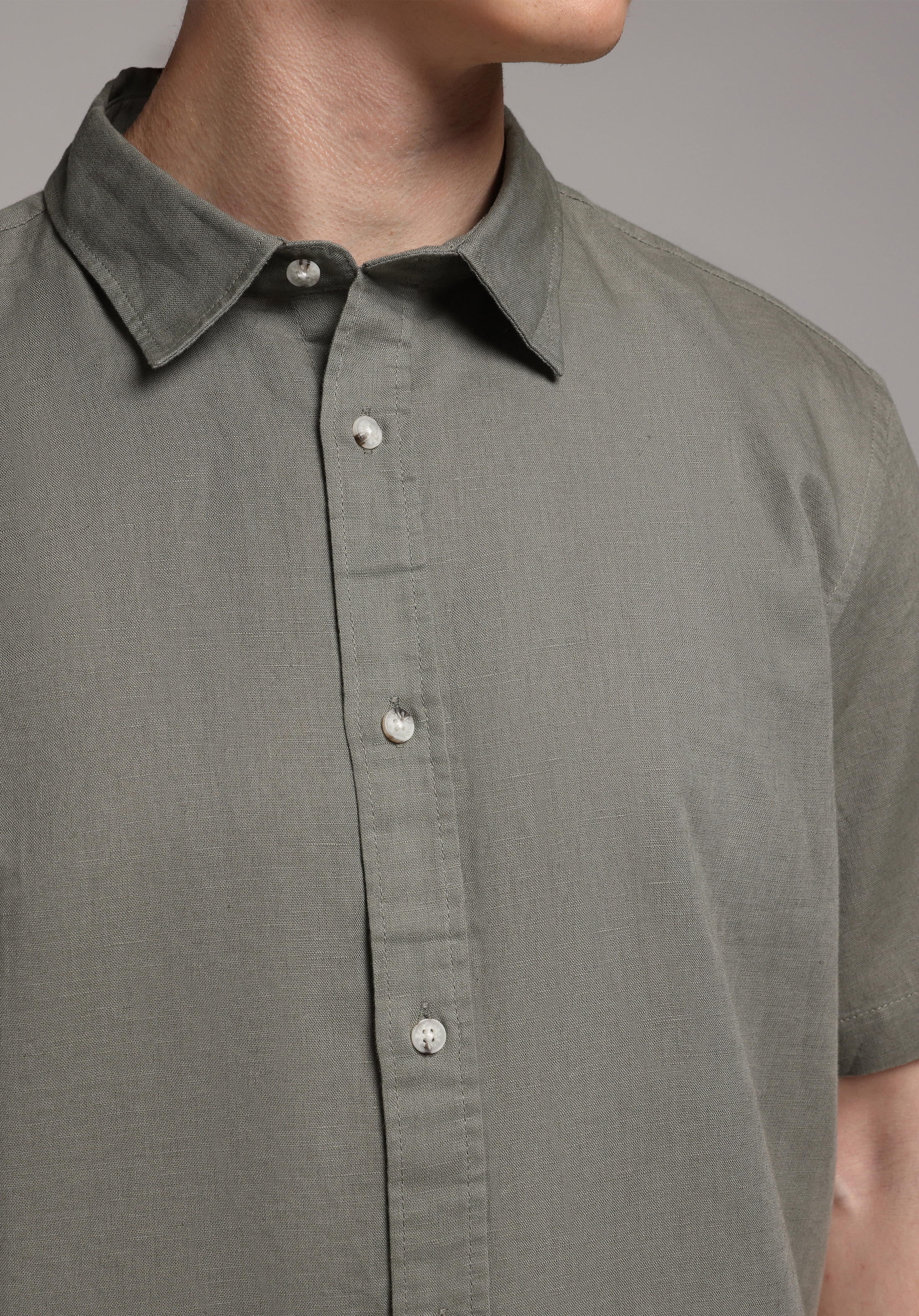 Regular Fit Shirt Neck Düz Erkek Yeşil Uzun Kol Gömlek