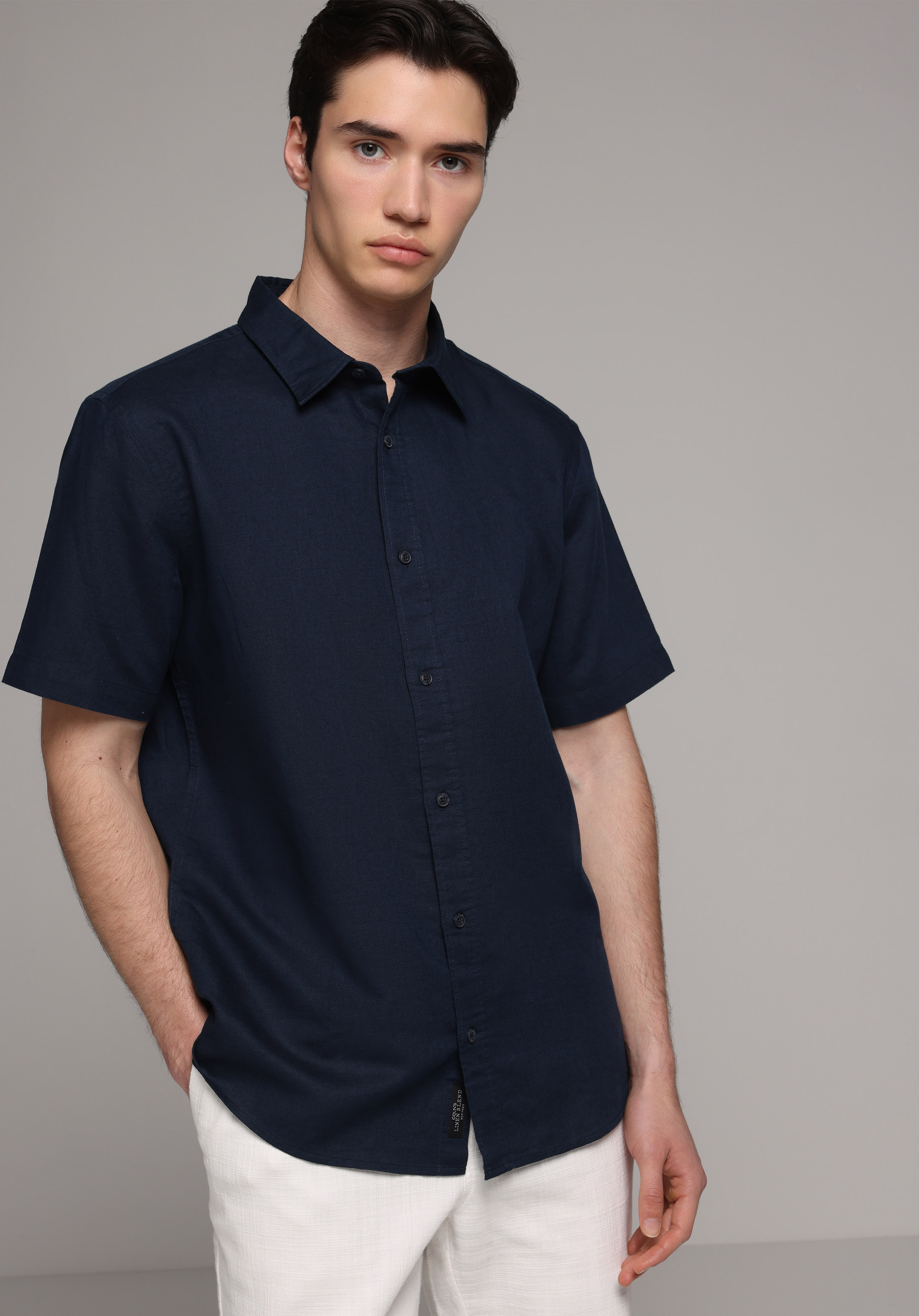 Regular Fit Shirt Neck Düz Erkek Lacivert Uzun Kol Gömlek