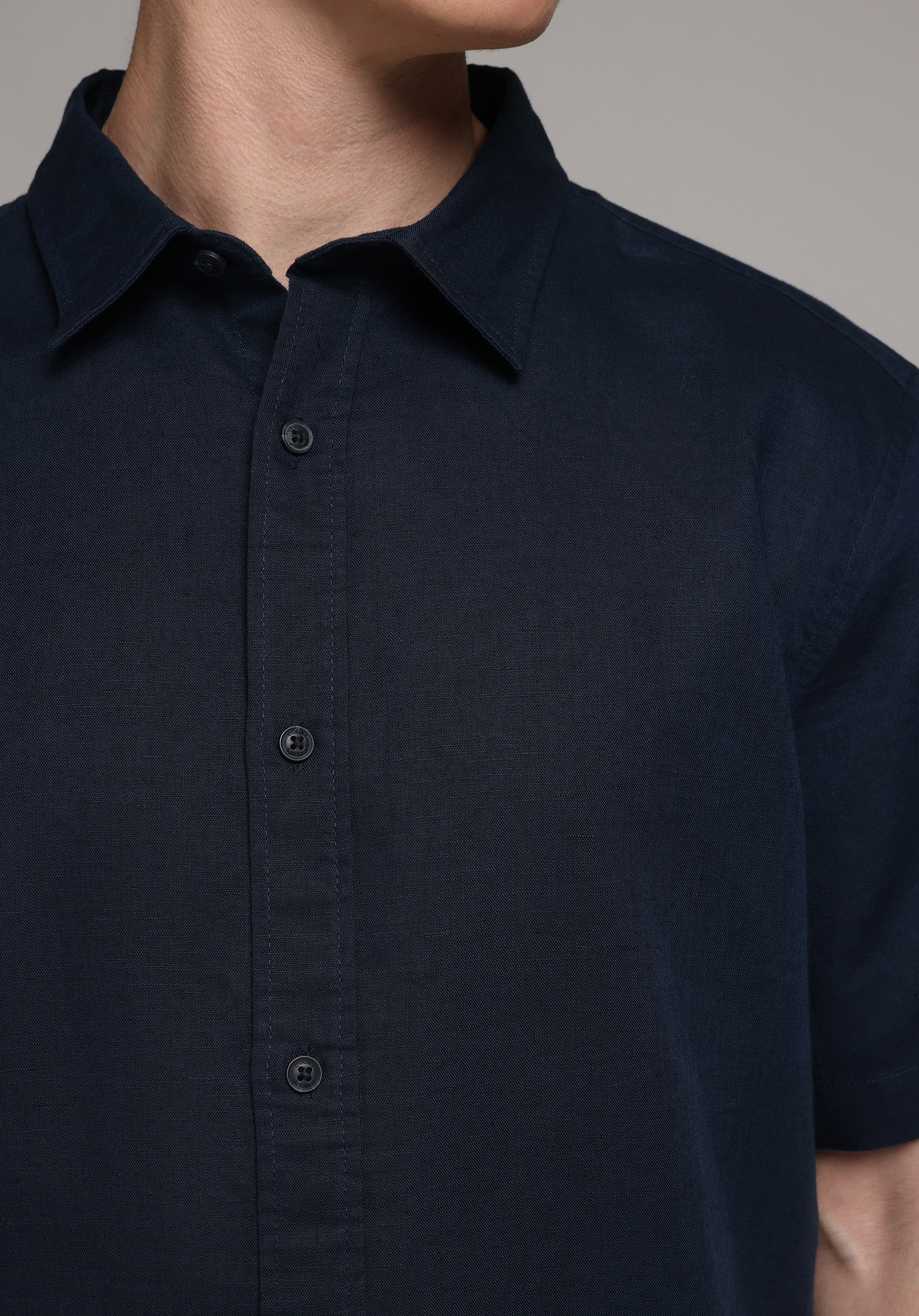 Regular Fit Shirt Neck Düz Erkek Lacivert Uzun Kol Gömlek