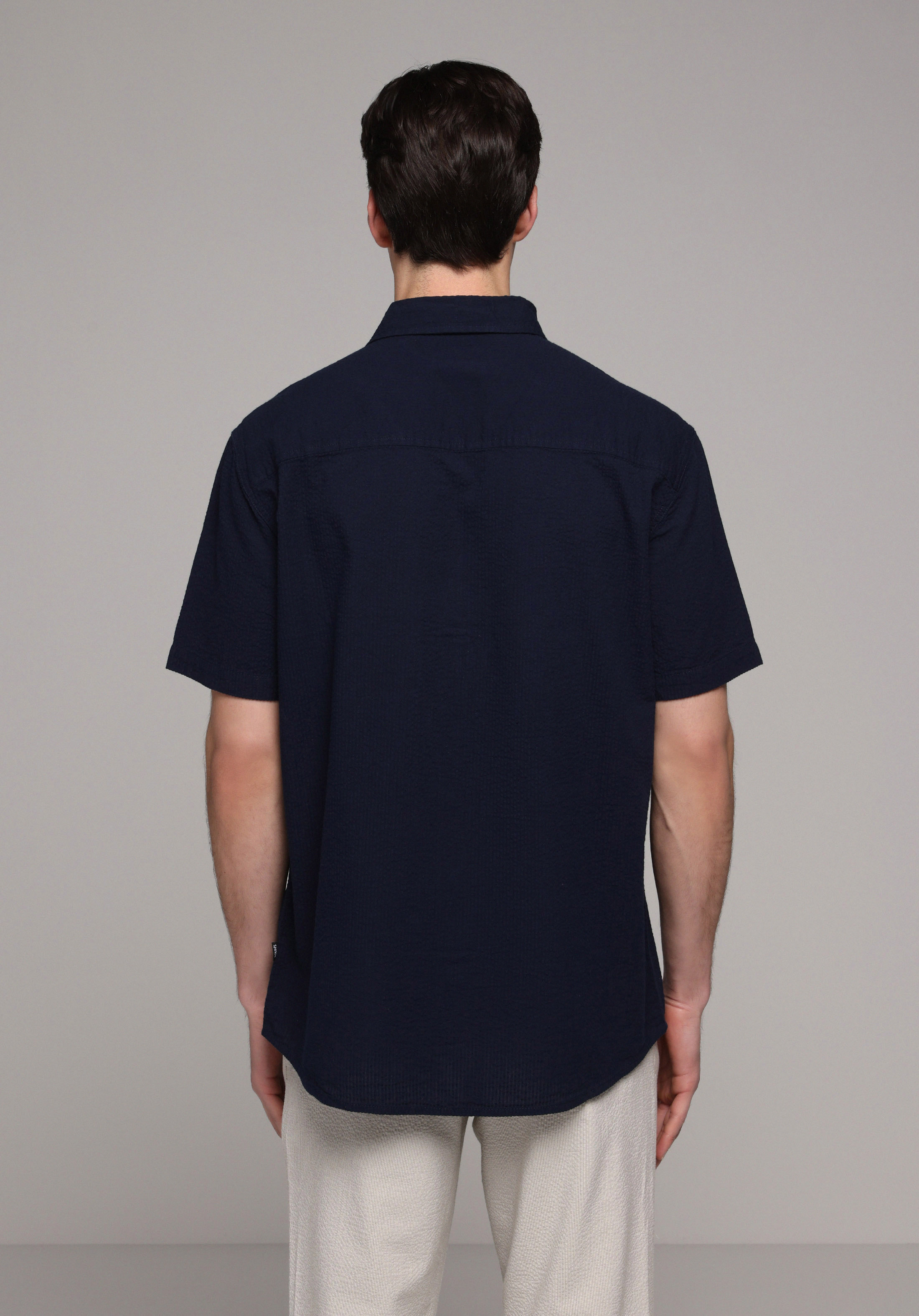 Regular Fit Shirt Neck Düz Erkek Lacivert Kısa Kol Gömlek