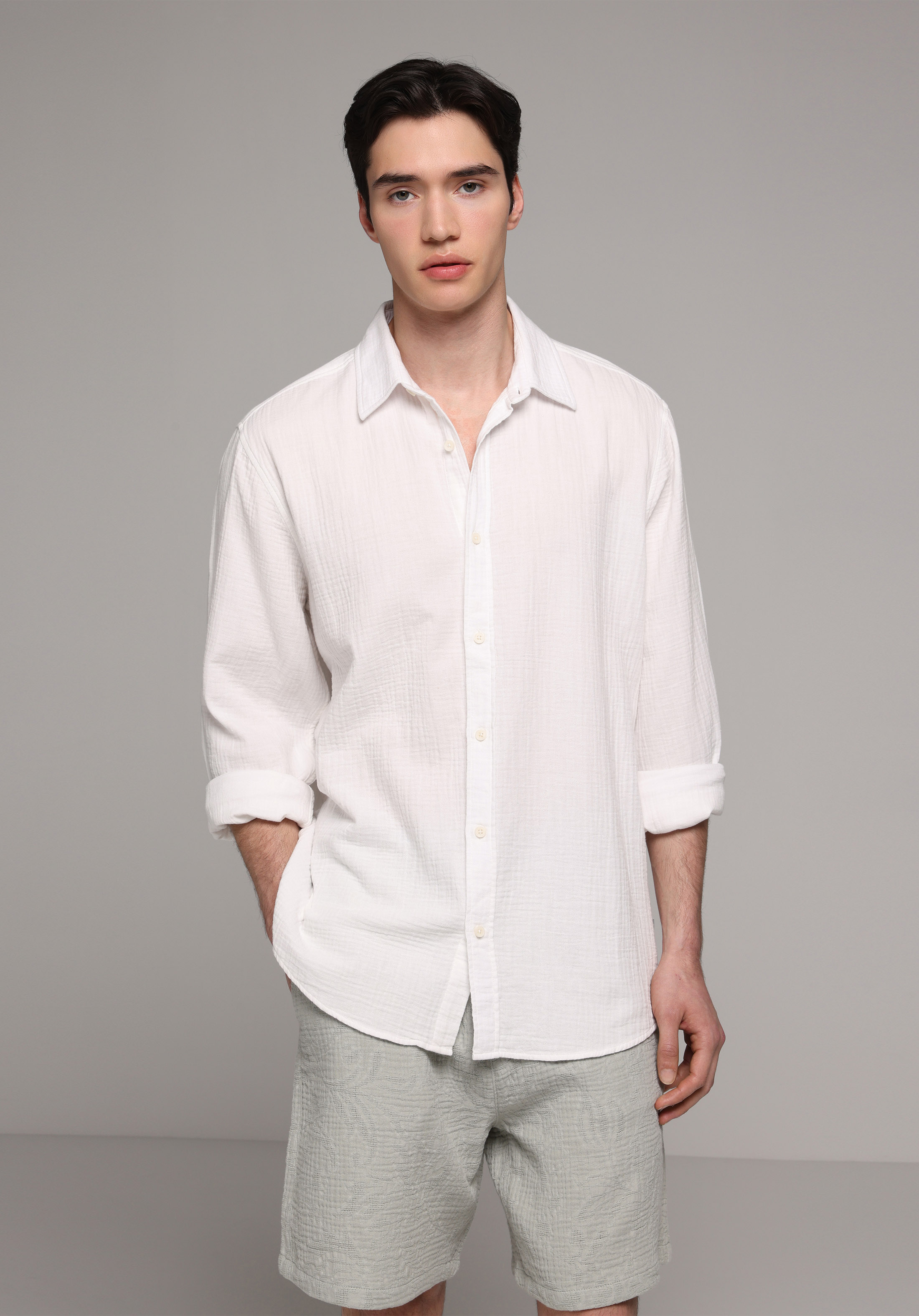 Relaxed Fit Shirt Neck Düz Erkek Beyaz Uzun Kol Gömlek