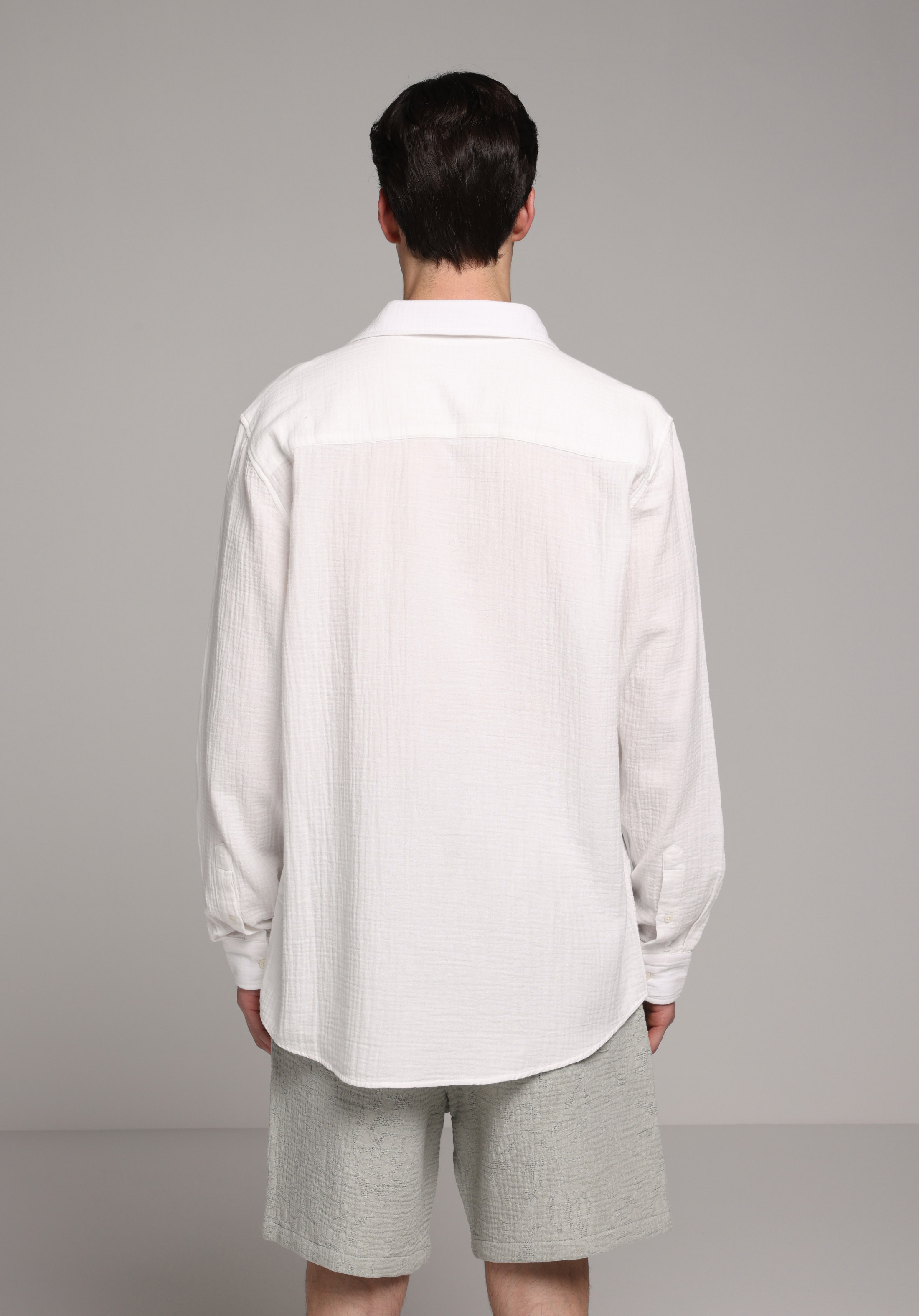 Relaxed Fit Shirt Neck Düz Erkek Beyaz Uzun Kol Gömlek