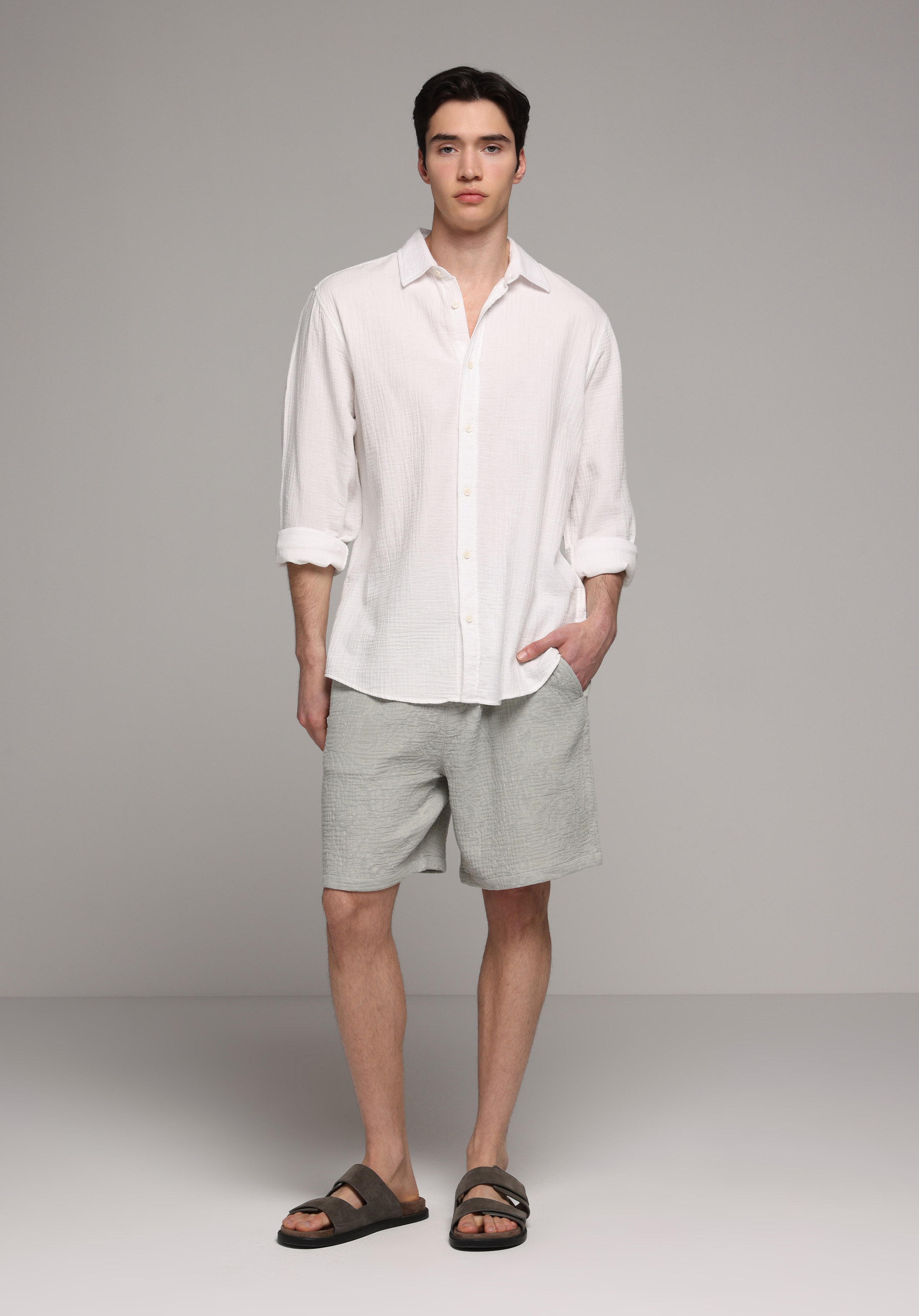 Relaxed Fit Shirt Neck Düz Erkek Beyaz Uzun Kol Gömlek