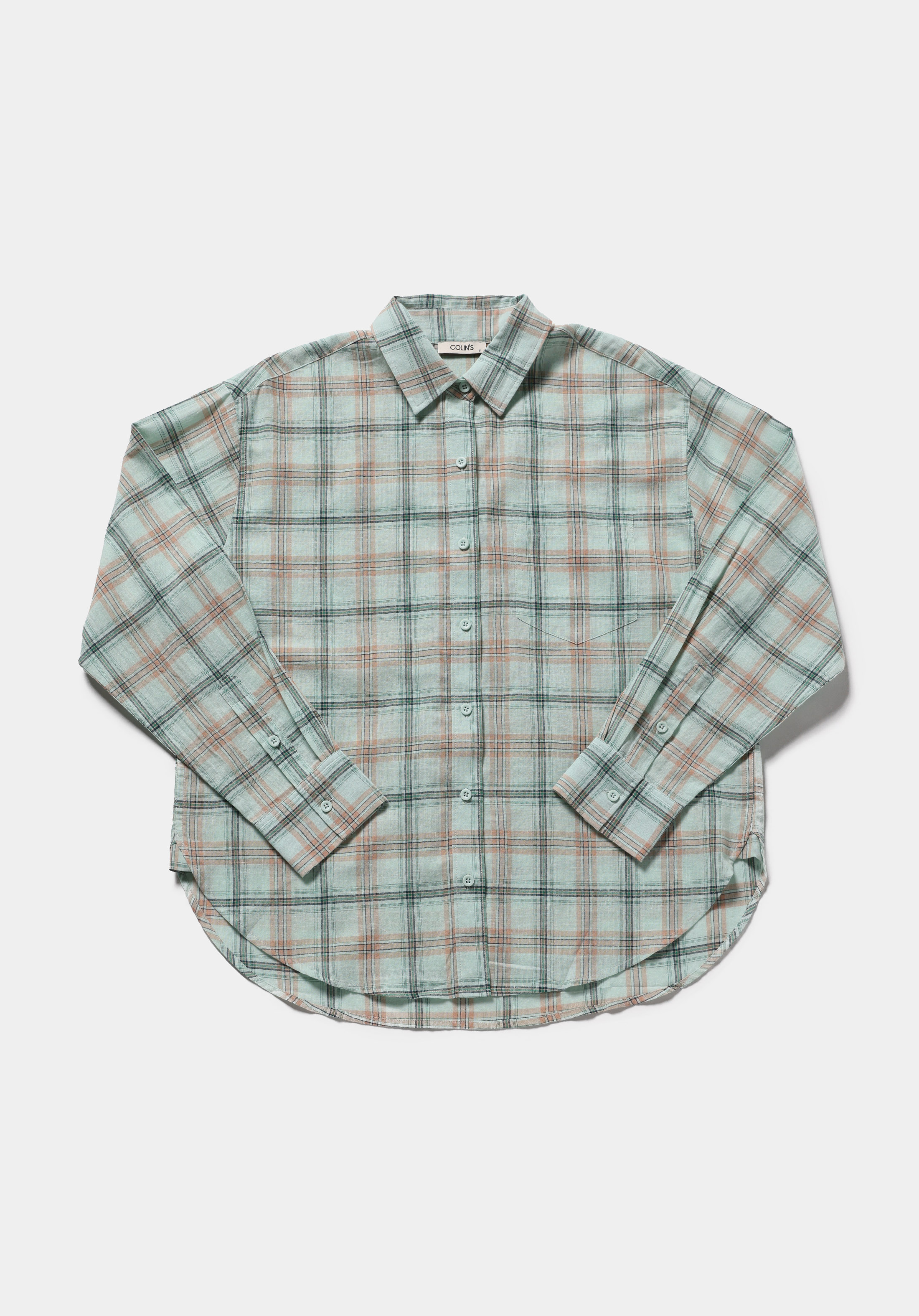 Boyfriend Fit Shirt Neck Ekoseli Kadın Yeşil Uzun Kol Gömlek