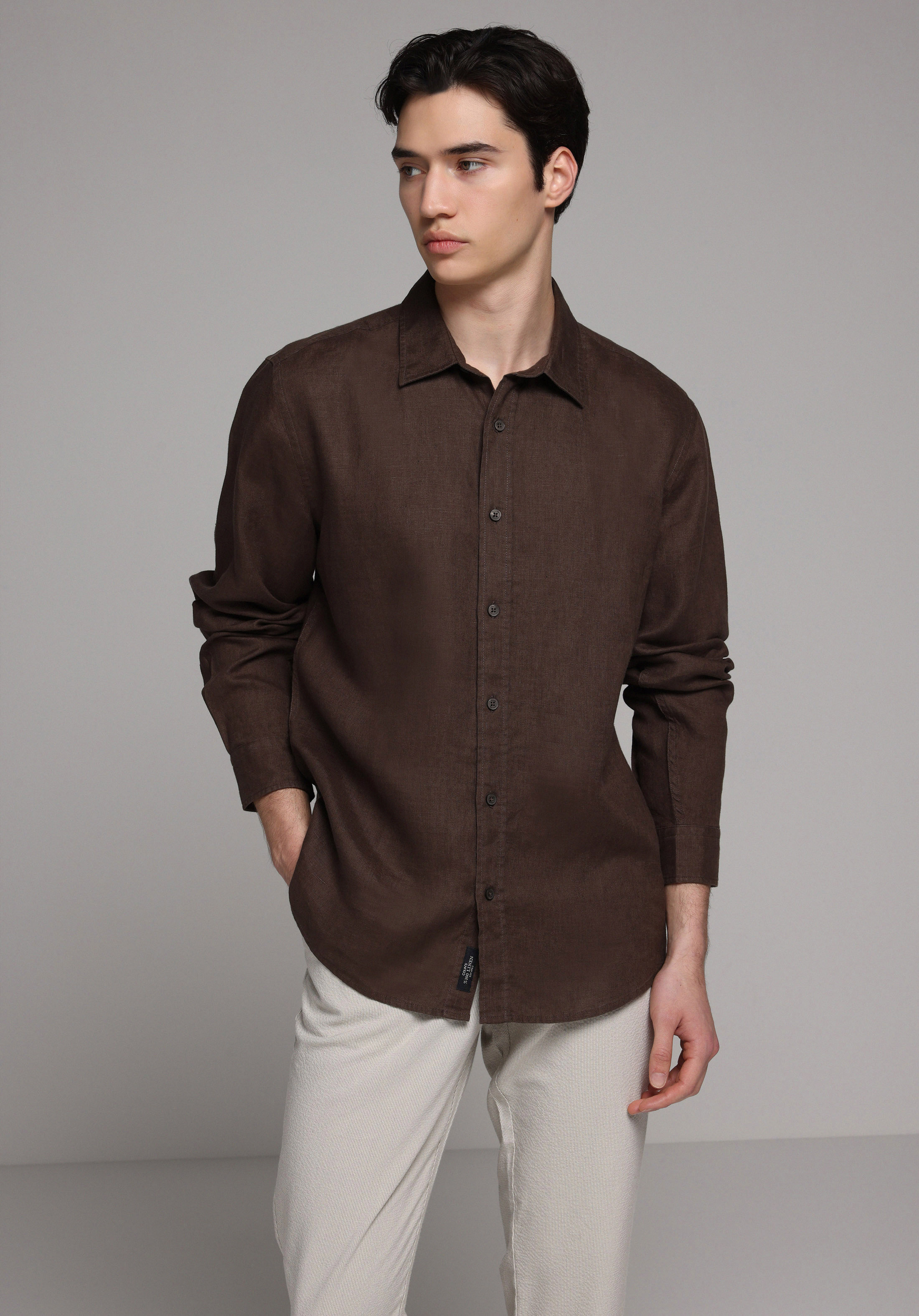 Regular Fit Shirt Neck Düz Erkek Kahverengi Uzun Kol Gömlek