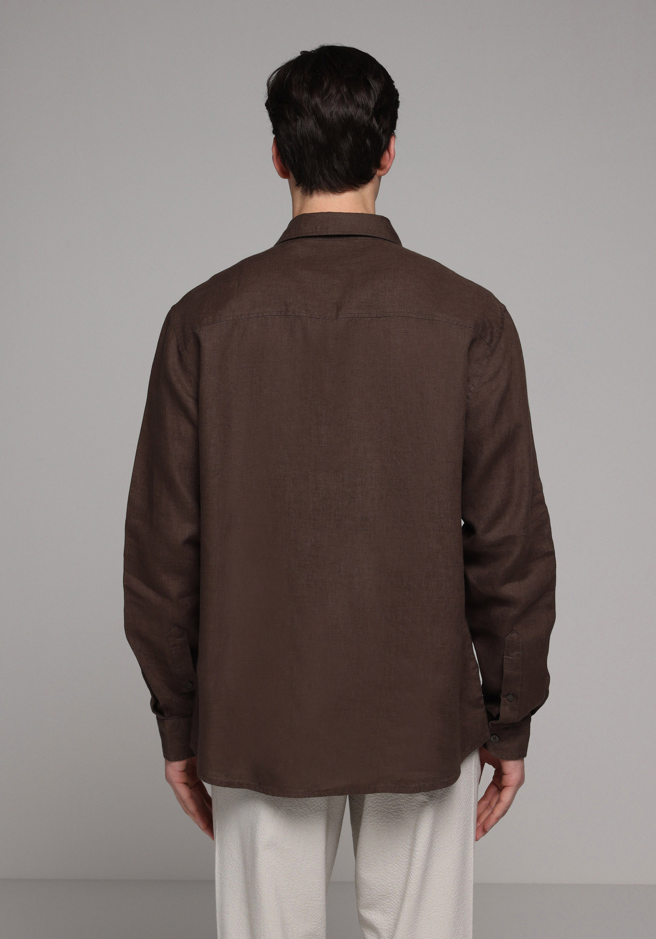 Regular Fit Shirt Neck Düz Erkek Kahverengi Uzun Kol Gömlek