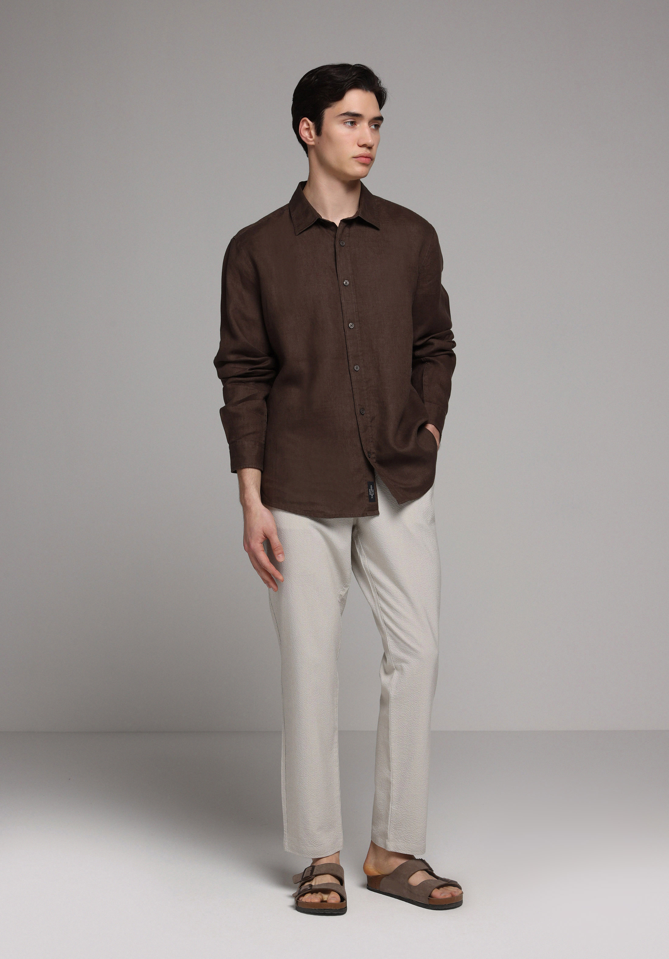 Regular Fit Shirt Neck Düz Erkek Kahverengi Uzun Kol Gömlek