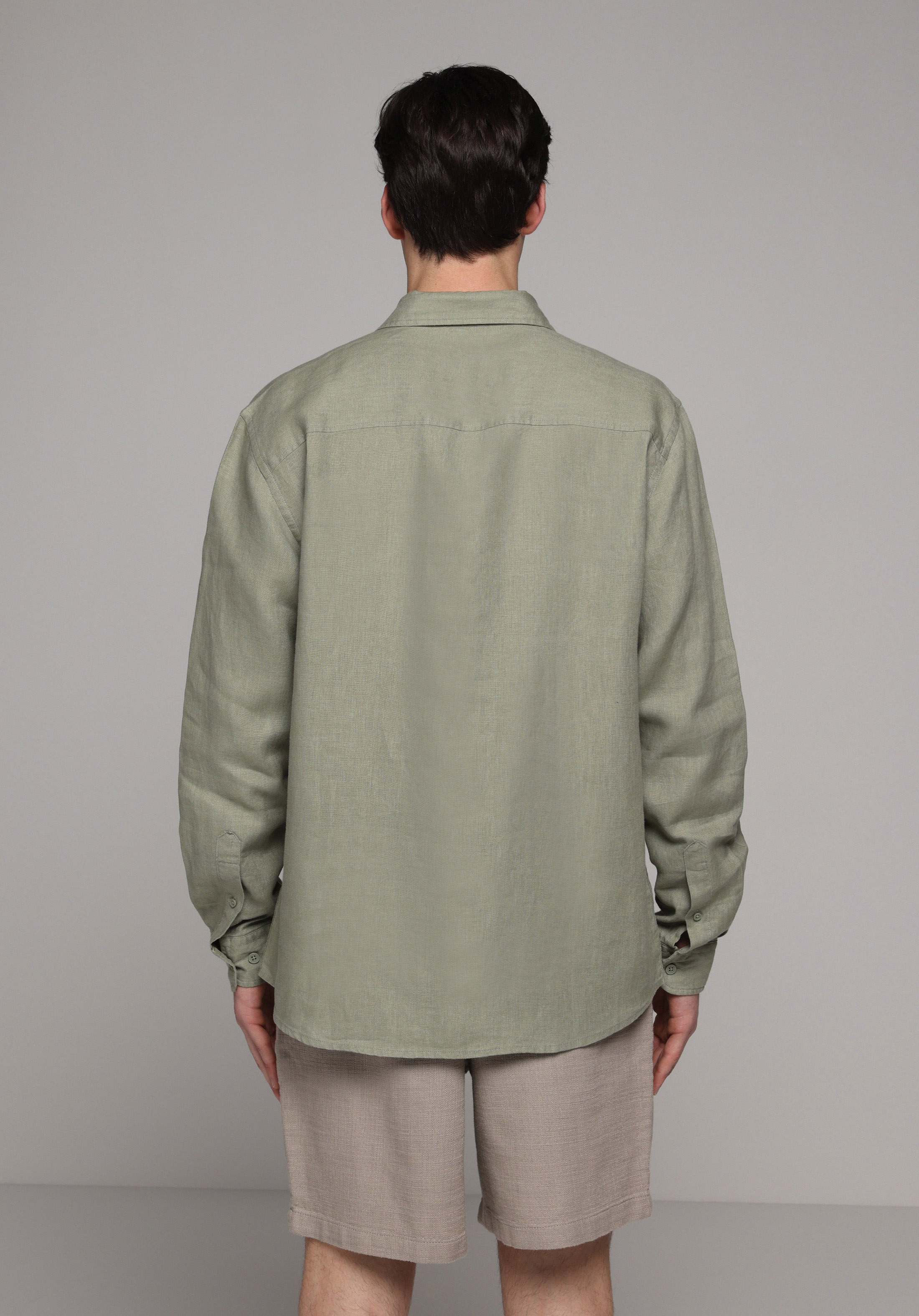 Regular Fit Shirt Neck Düz Erkek Yeşil Uzun Kol Gömlek