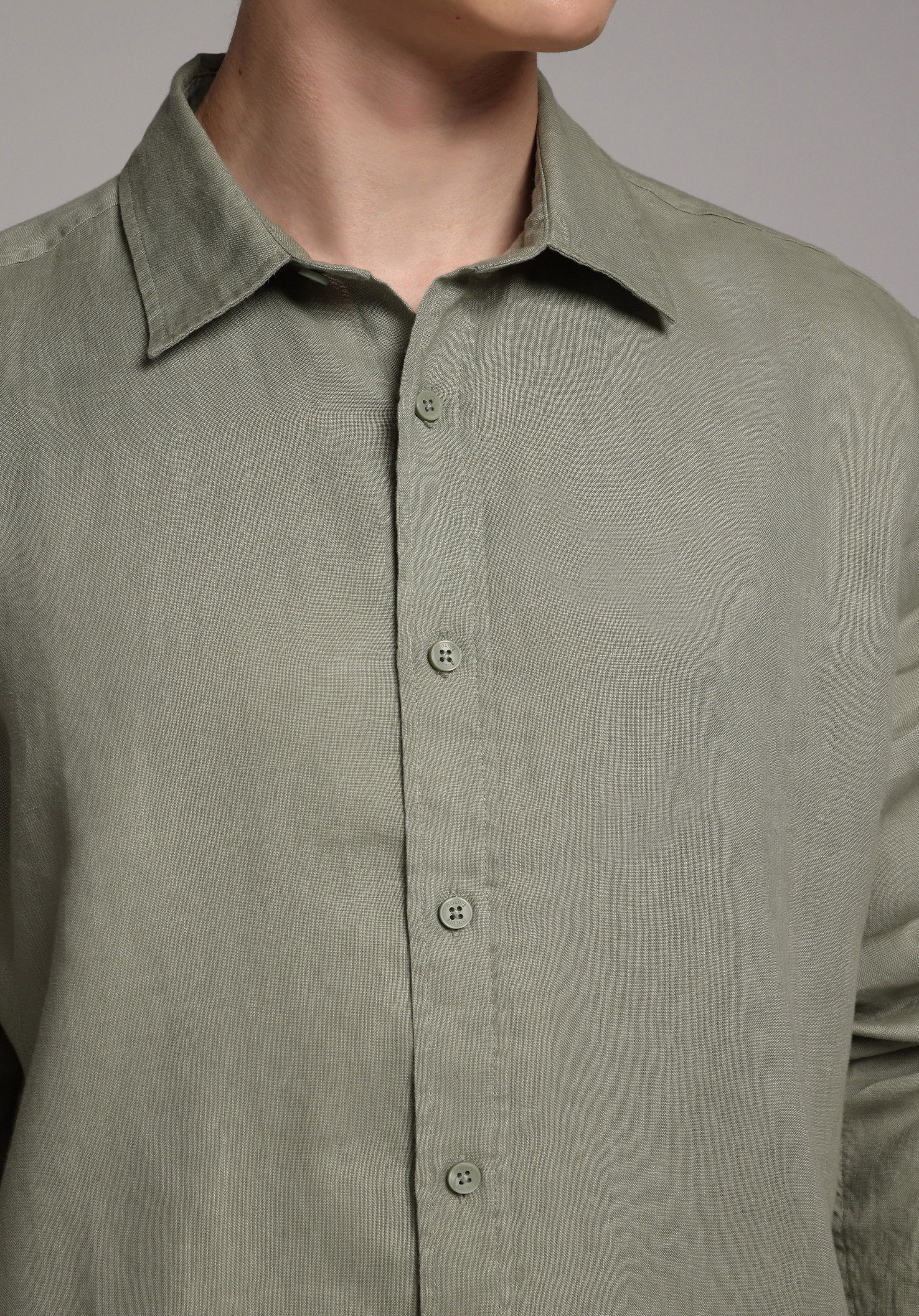 Regular Fit Shirt Neck Düz Erkek Yeşil Uzun Kol Gömlek