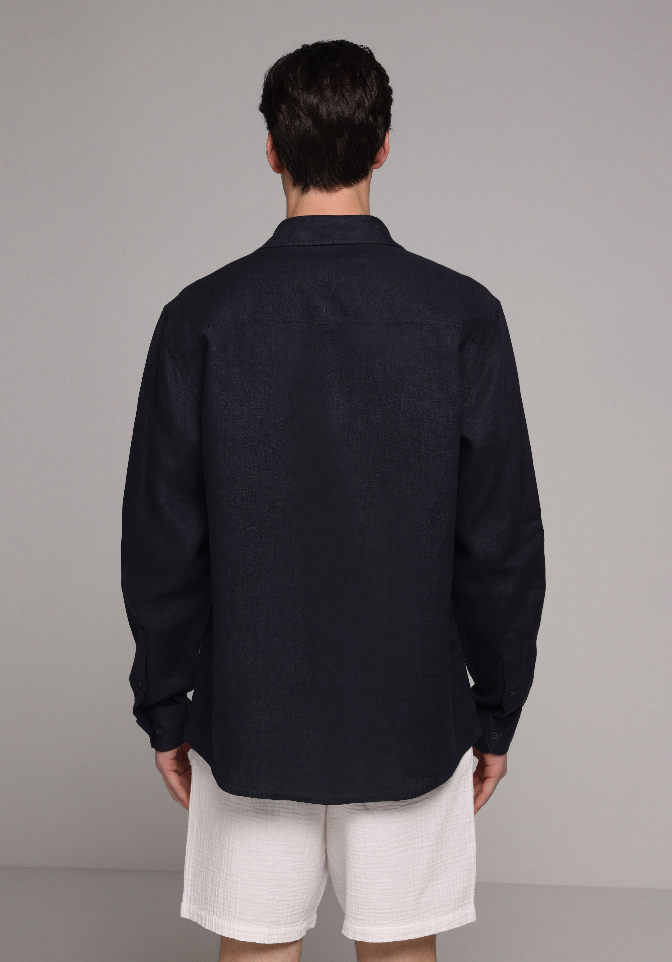 Regular Fit Shirt Neck Düz Erkek Lacivert Uzun Kol Gömlek