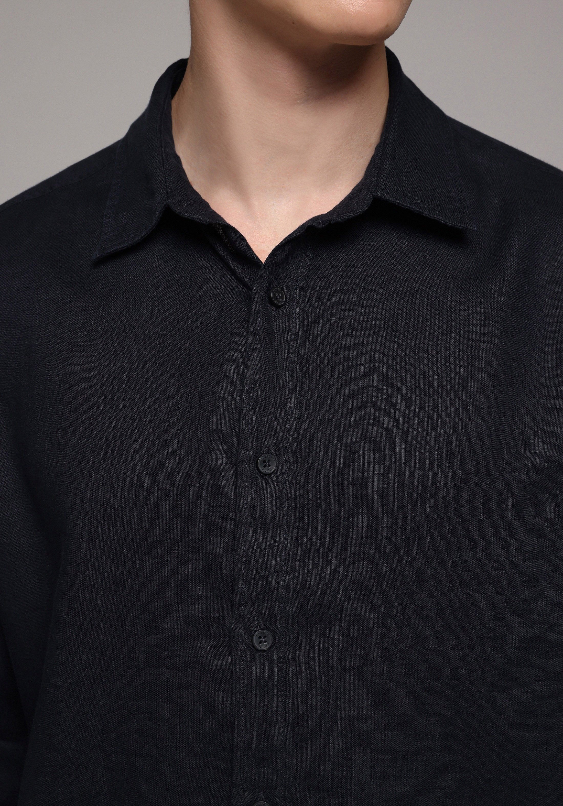 Regular Fit Shirt Neck Düz Erkek Lacivert Uzun Kol Gömlek