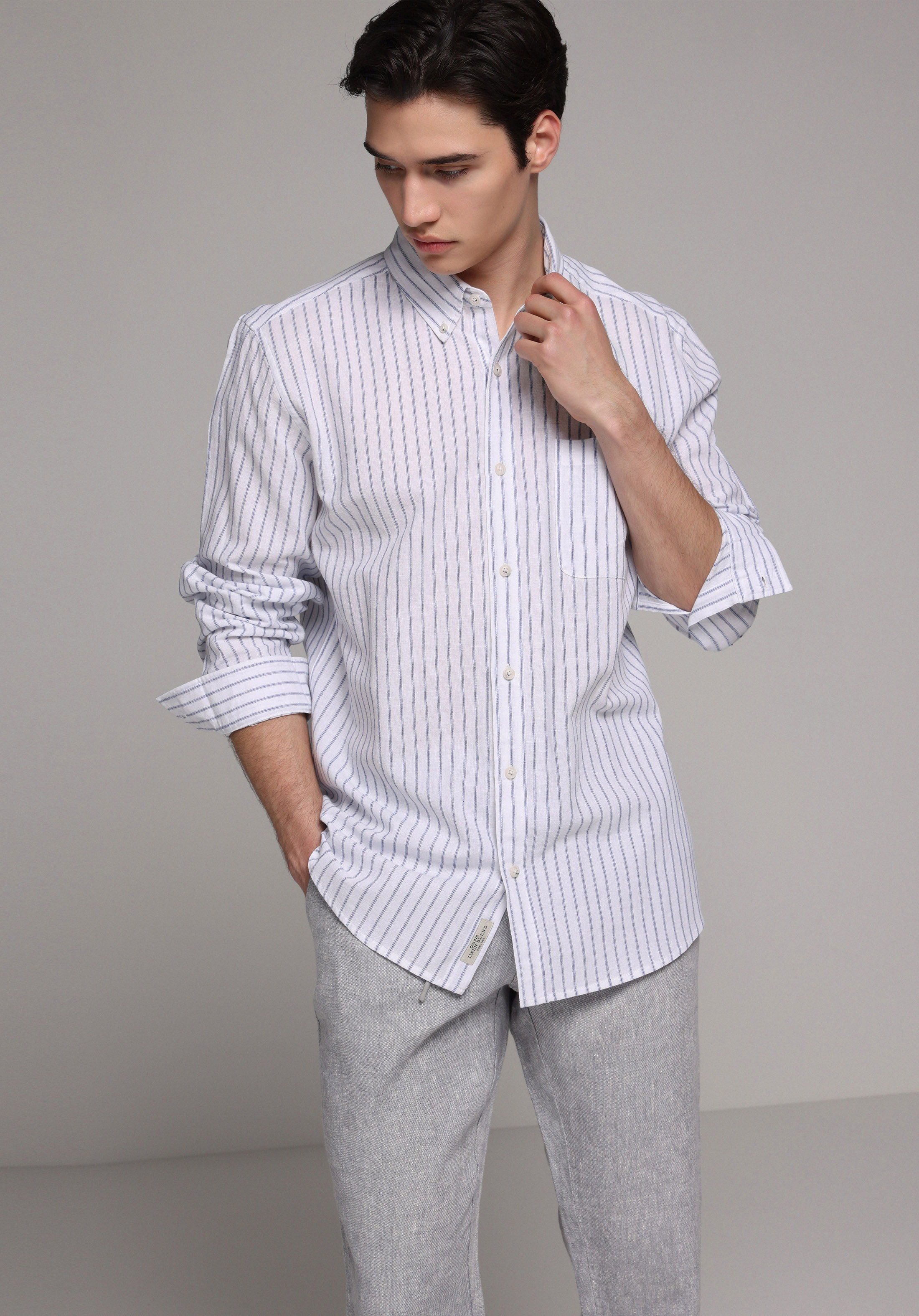 Regular Fit Shirt Neck Çizgili Erkek Lacivert Uzun Kol Gömlek