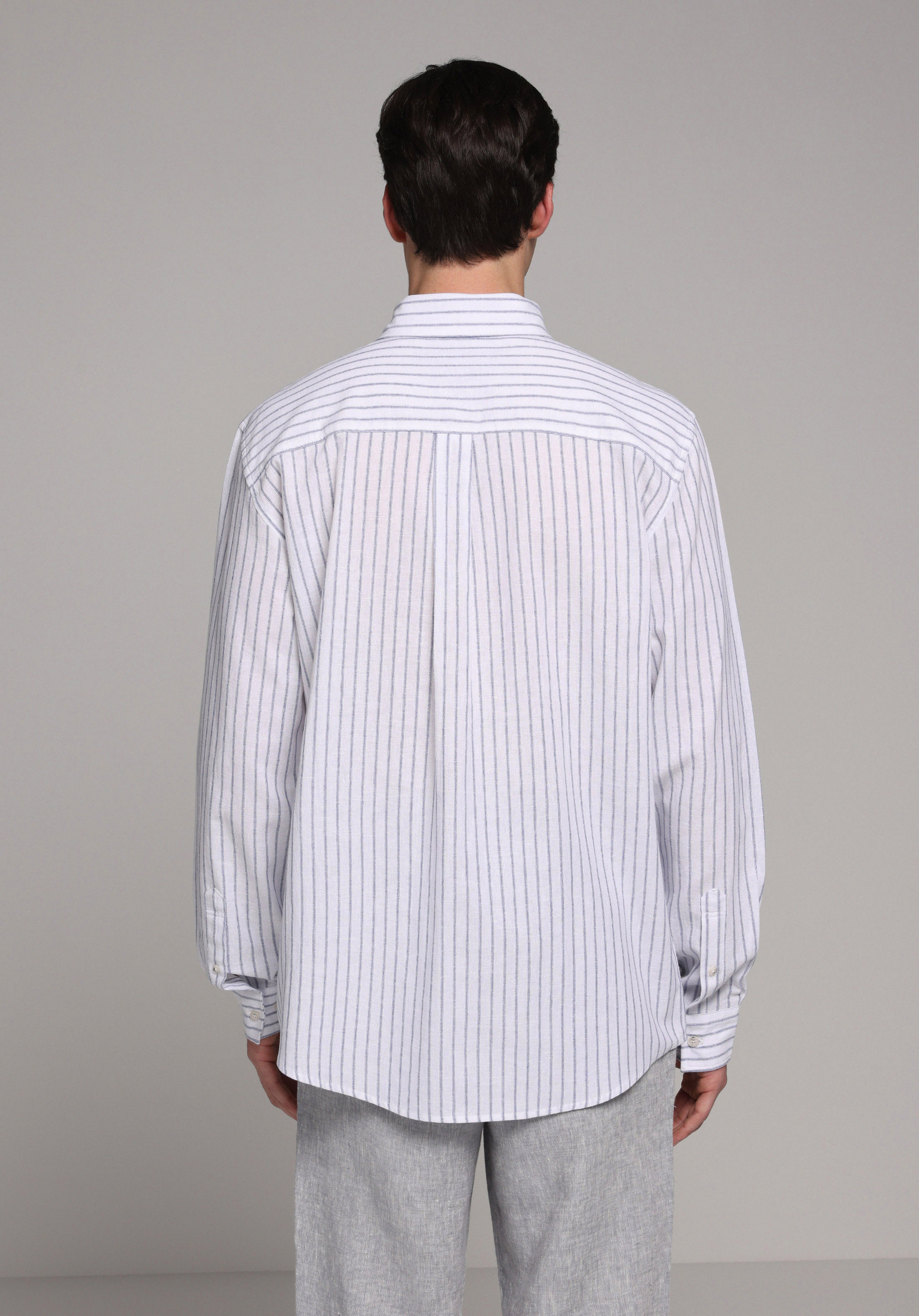 Regular Fit Shirt Neck Çizgili Erkek Lacivert Uzun Kol Gömlek