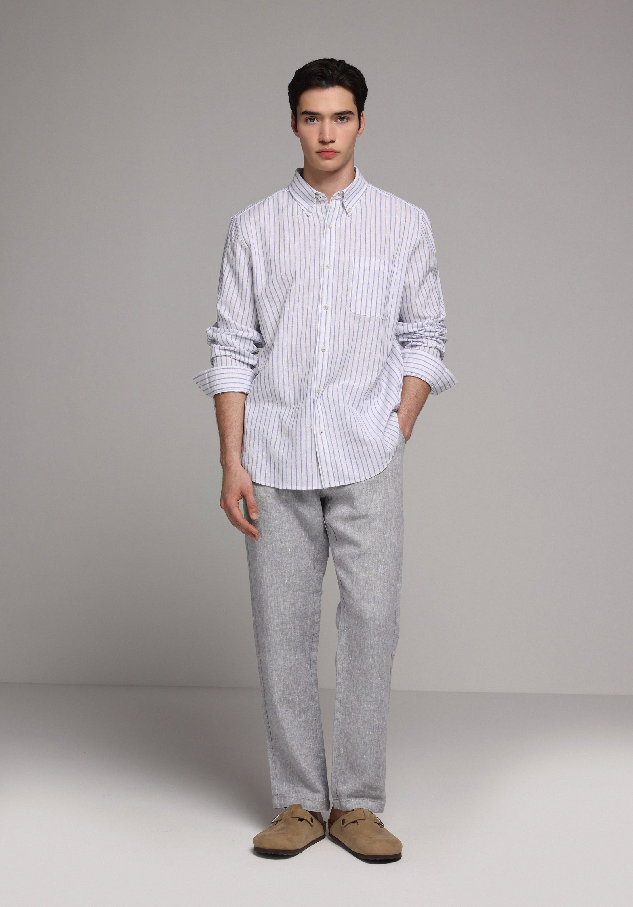 Regular Fit Shirt Neck Çizgili Erkek Lacivert Uzun Kol Gömlek