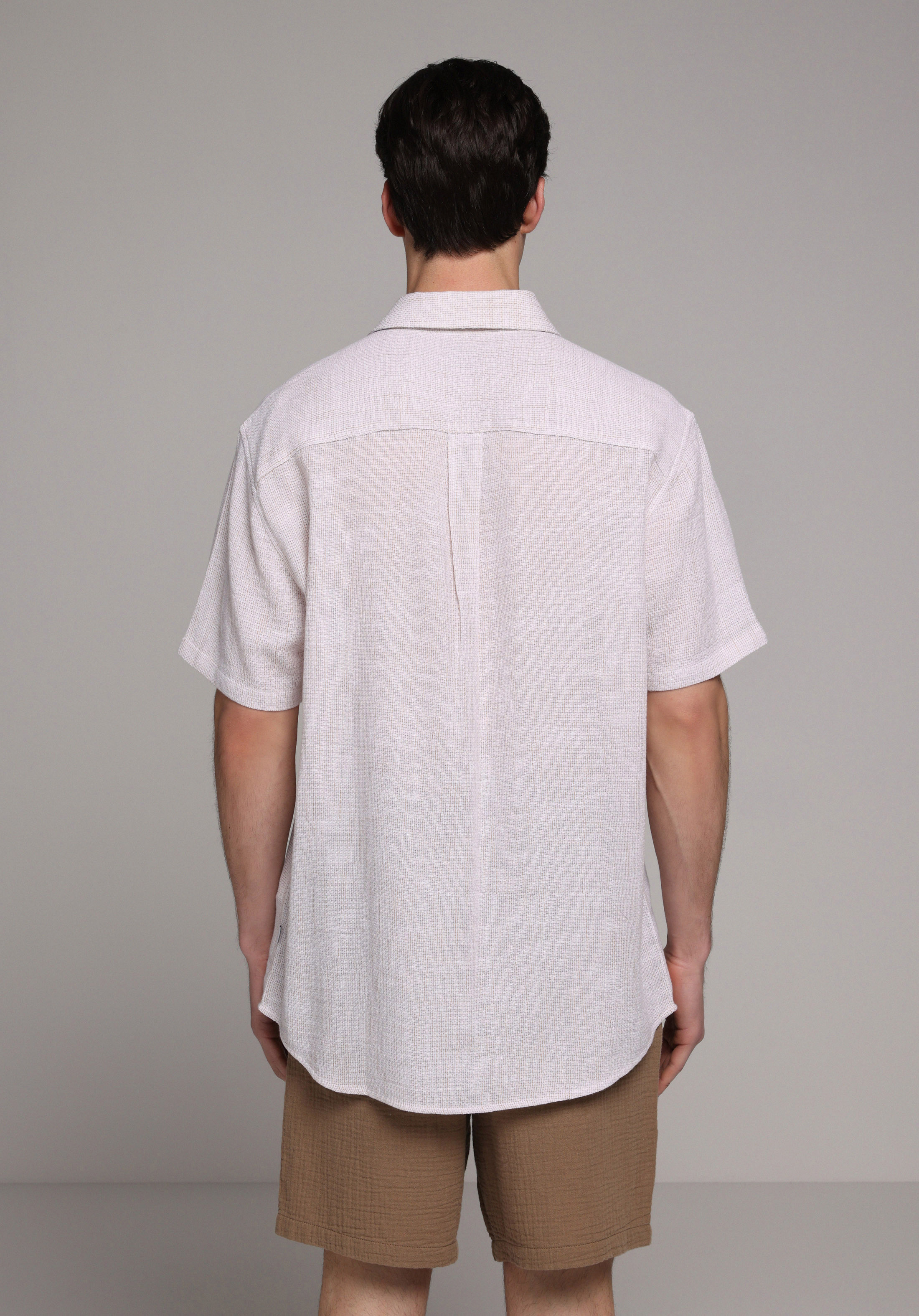 Regular Fit Shirt Neck Düz Erkek Bej Kısa Kol Gömlek