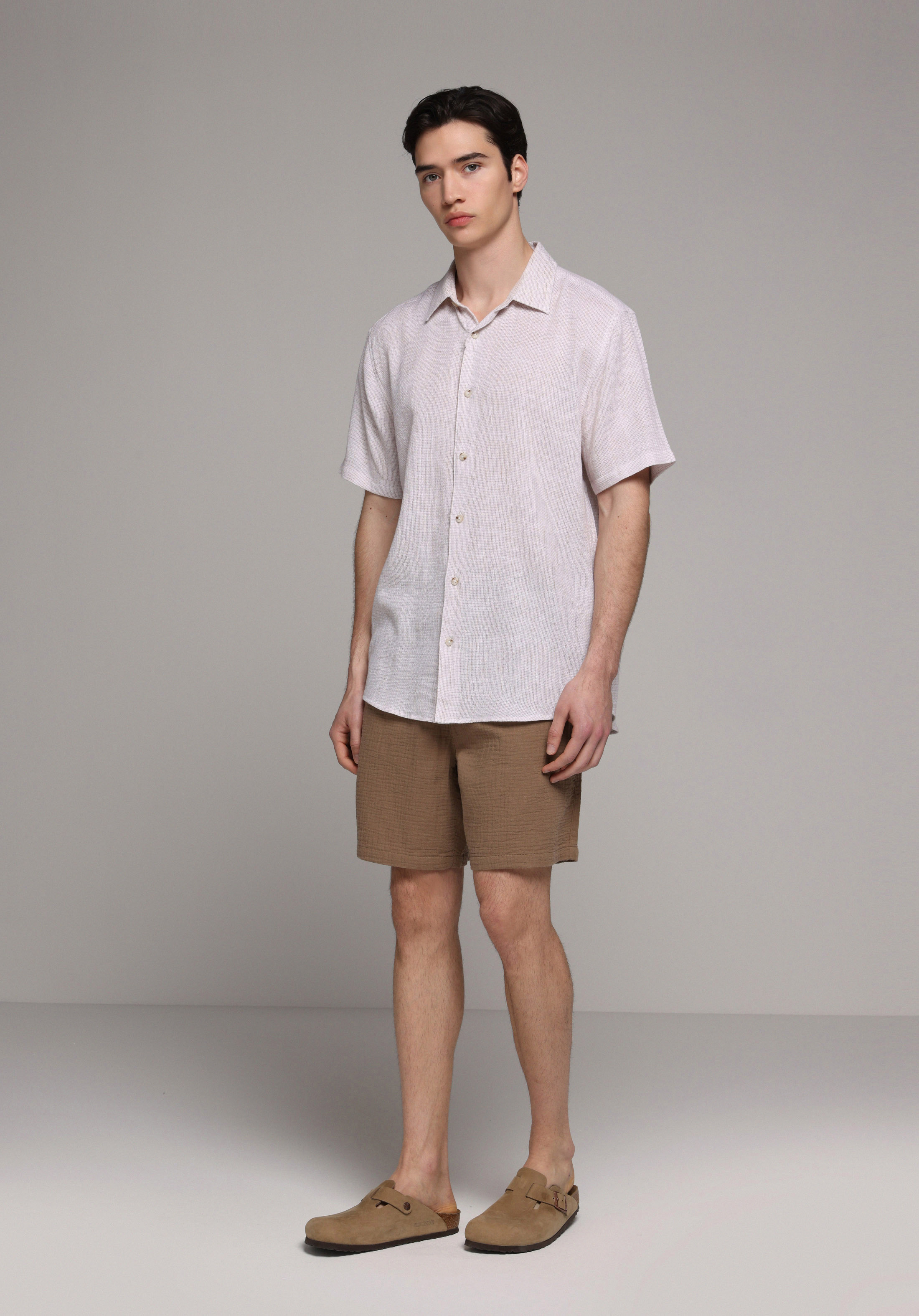 Regular Fit Shirt Neck Düz Erkek Bej Kısa Kol Gömlek