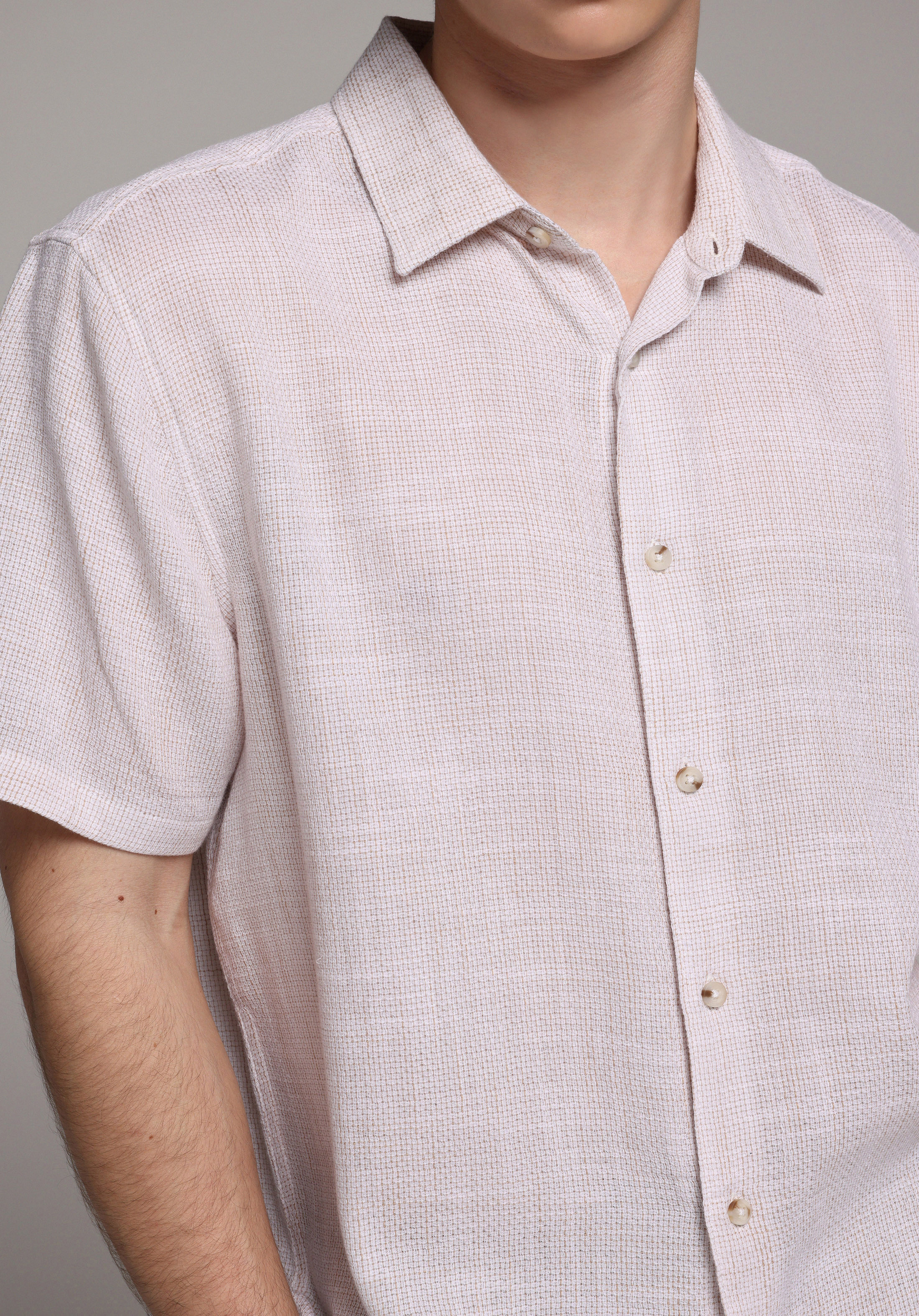 Regular Fit Shirt Neck Düz Erkek Bej Kısa Kol Gömlek