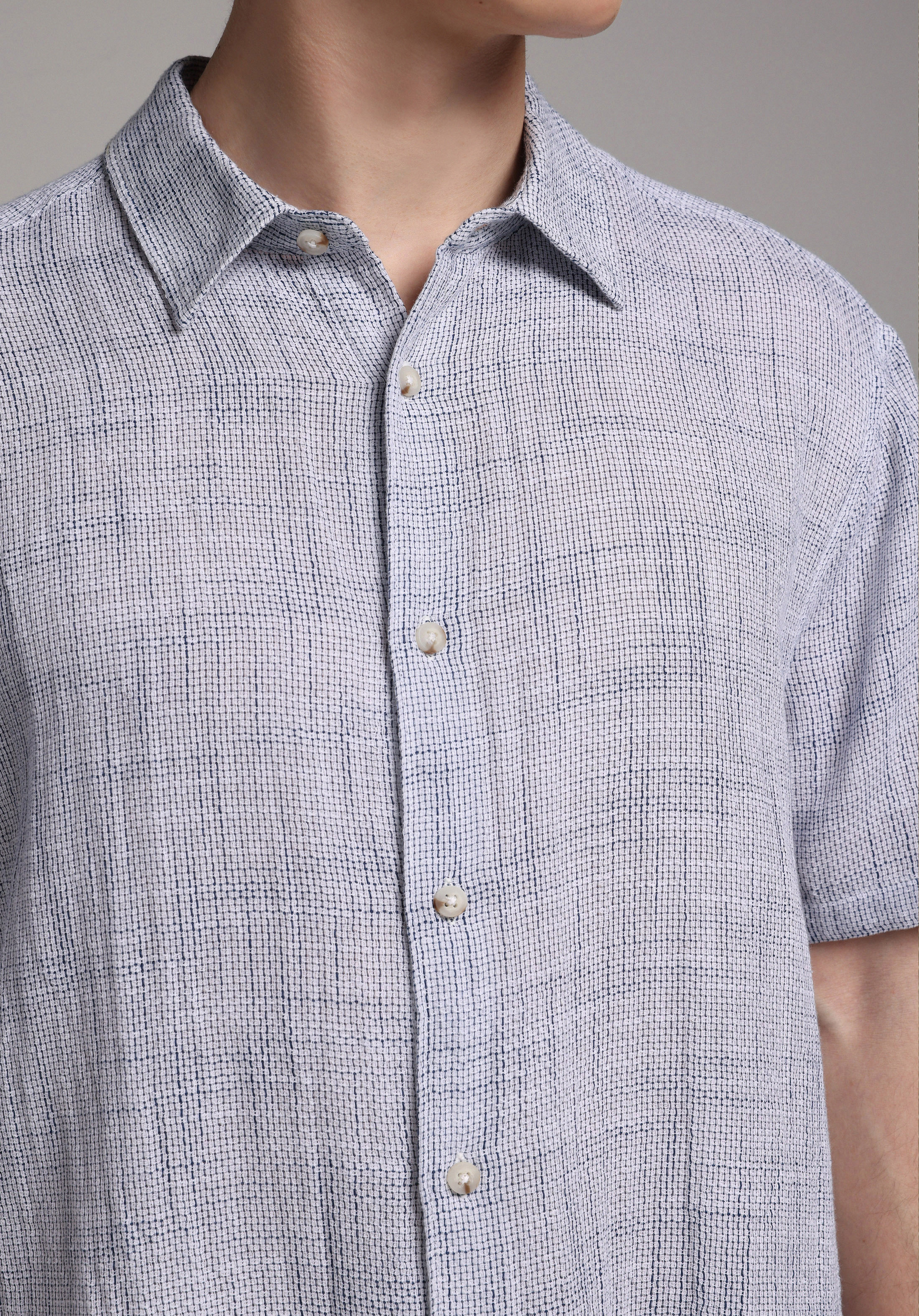 Regular Fit Shirt Neck Düz Erkek Mavi Kısa Kol Gömlek