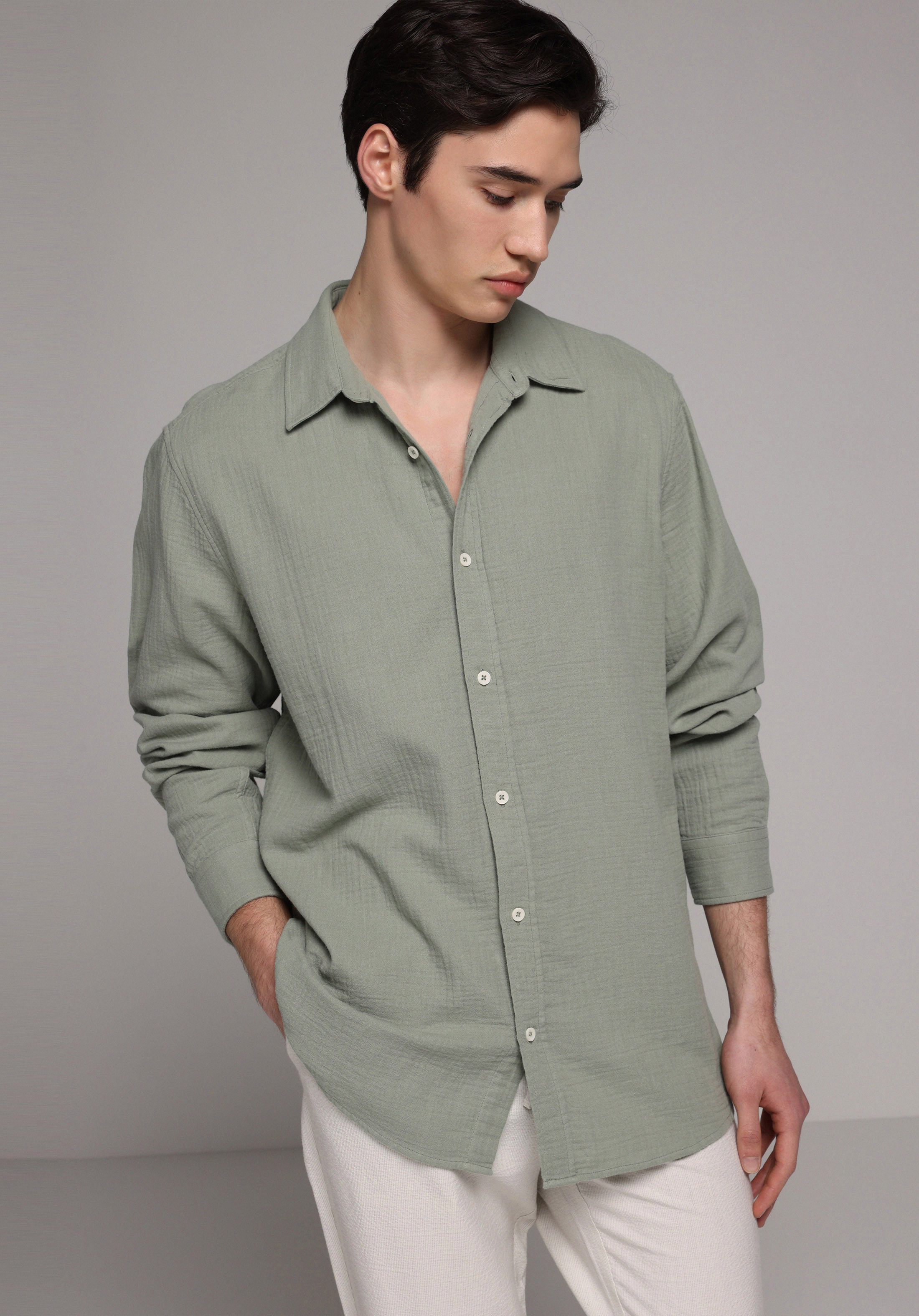 Relaxed Fit Shirt Neck Düz Erkek Yeşil Uzun Kol Gömlek