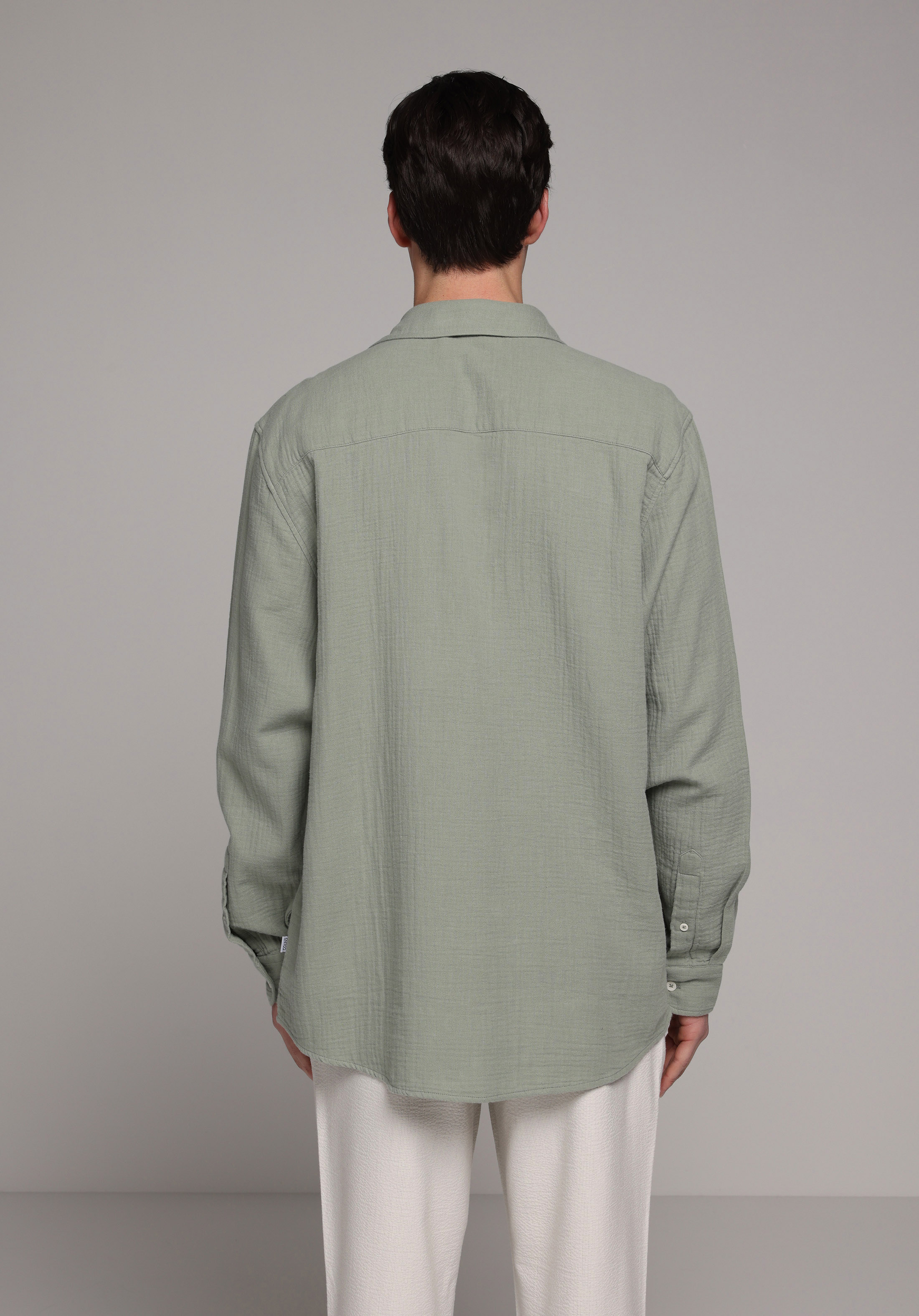 Relaxed Fit Shirt Neck Düz Erkek Yeşil Uzun Kol Gömlek