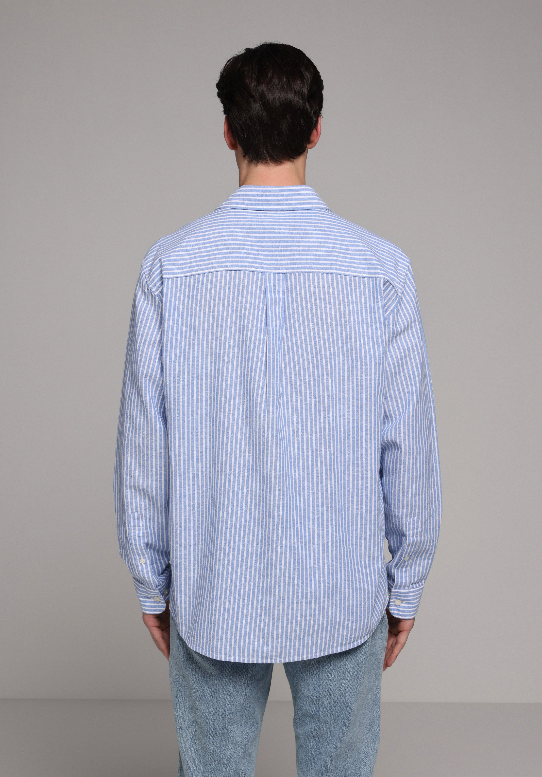 Regular Fit Shirt Neck Çizgili Erkek Mavi Uzun Kol Gömlek