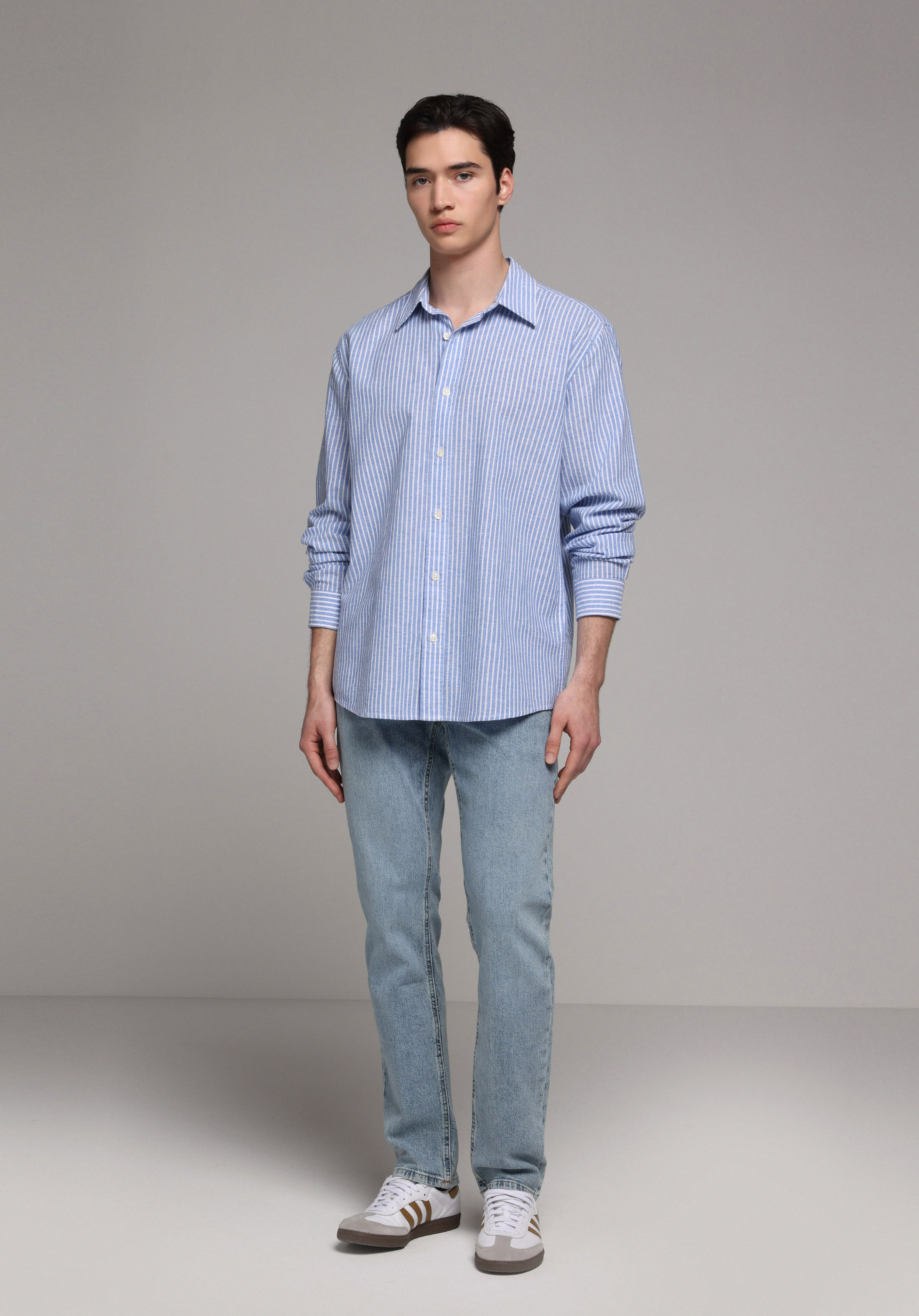 Regular Fit Shirt Neck Çizgili Erkek Mavi Uzun Kol Gömlek