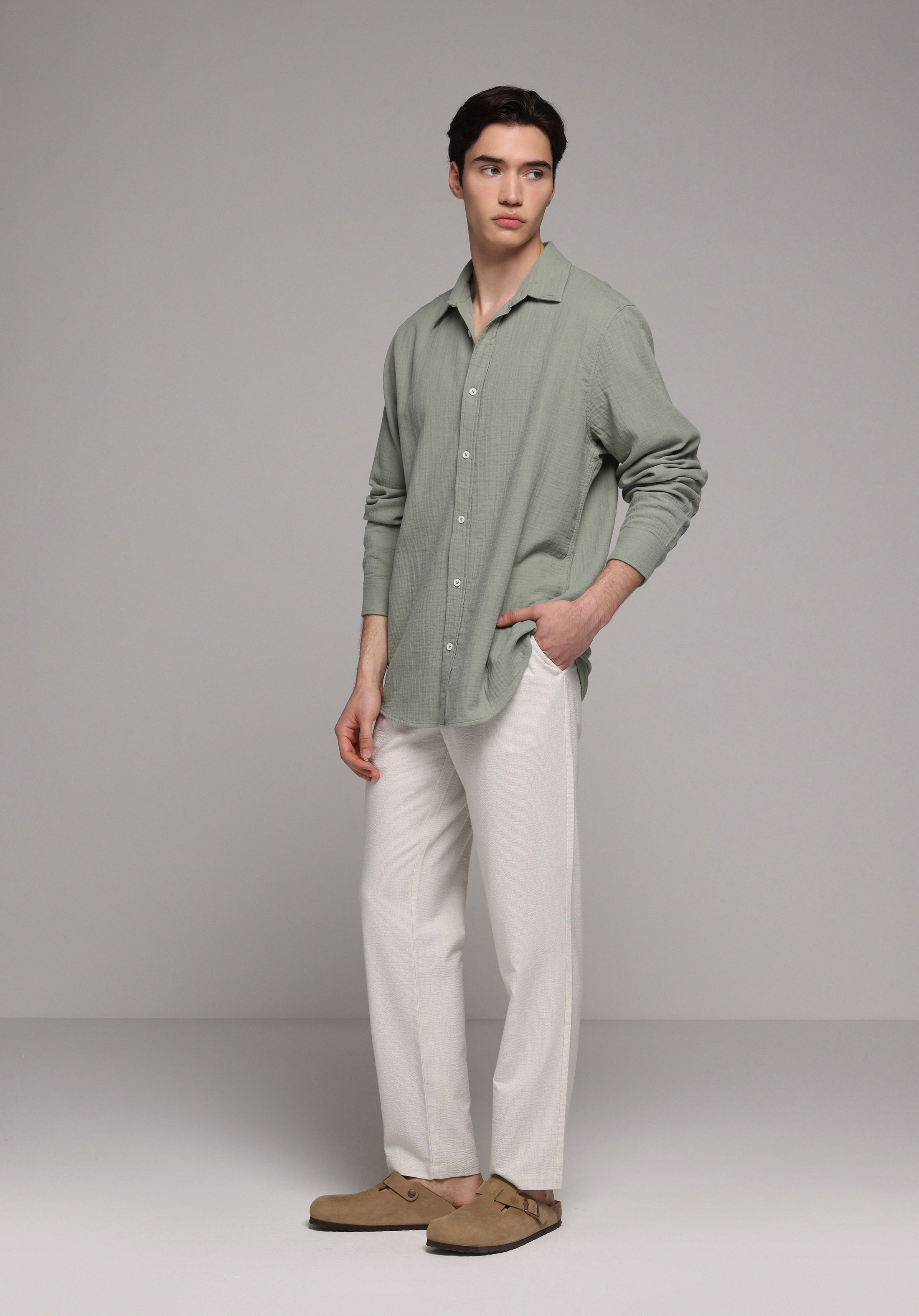 Slim Fit Orta Bel Düz Paça Erkek Taş  Pantolon