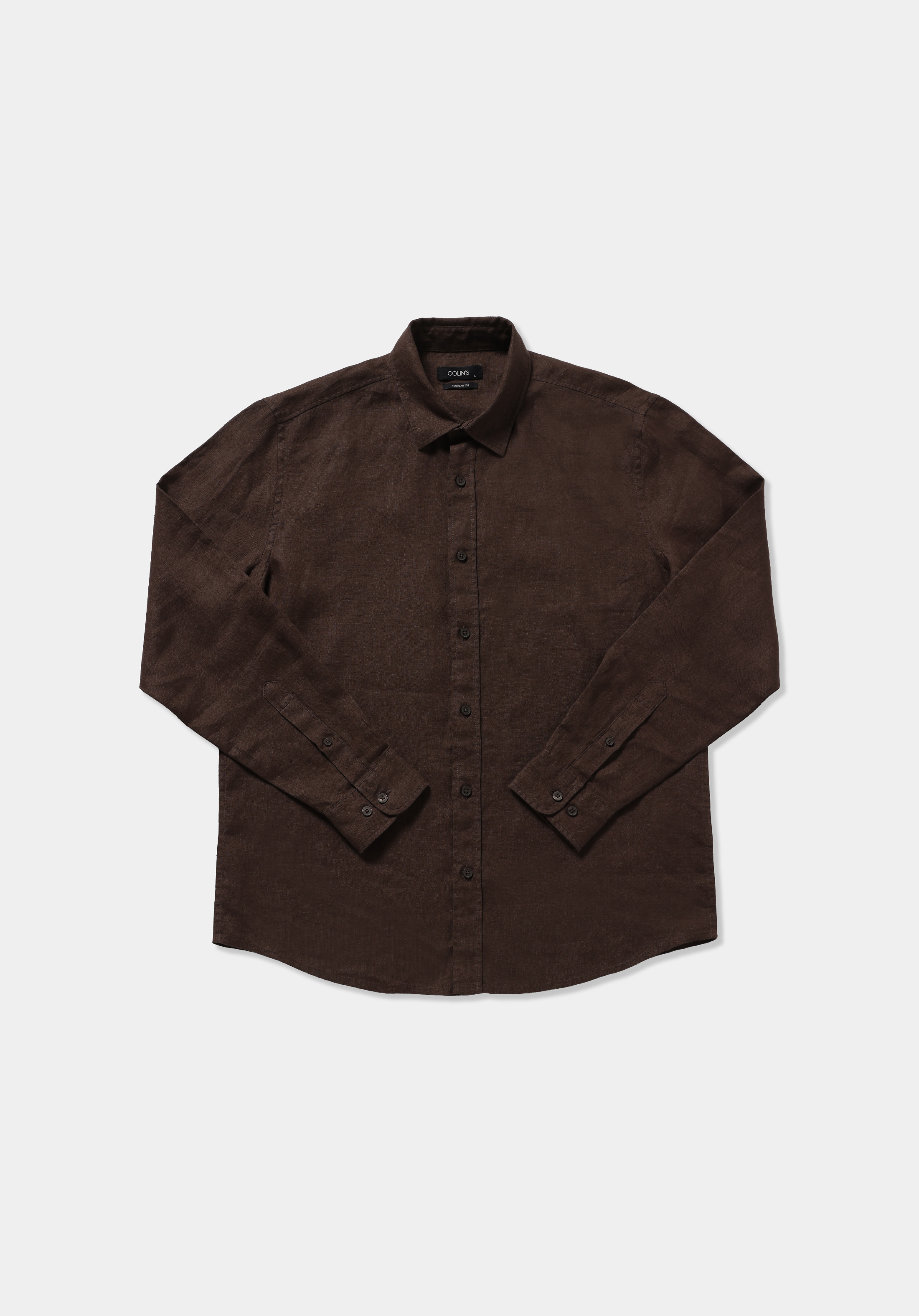 Regular Fit Shirt Neck Düz Erkek Kahverengi Uzun Kol Gömlek