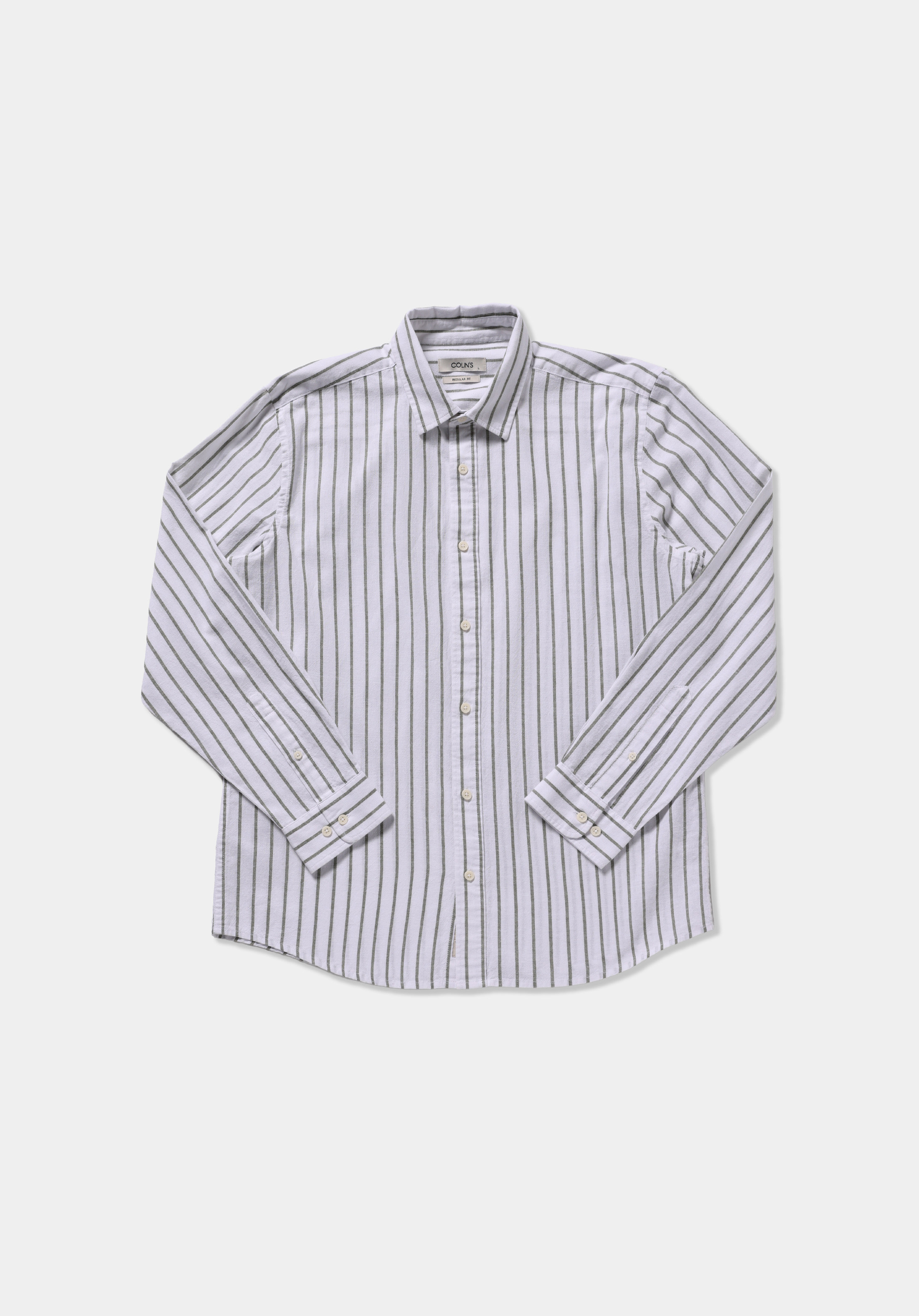 Regular Fit Shirt Neck Çizgili Erkek Yeşil Uzun Kol Gömlek