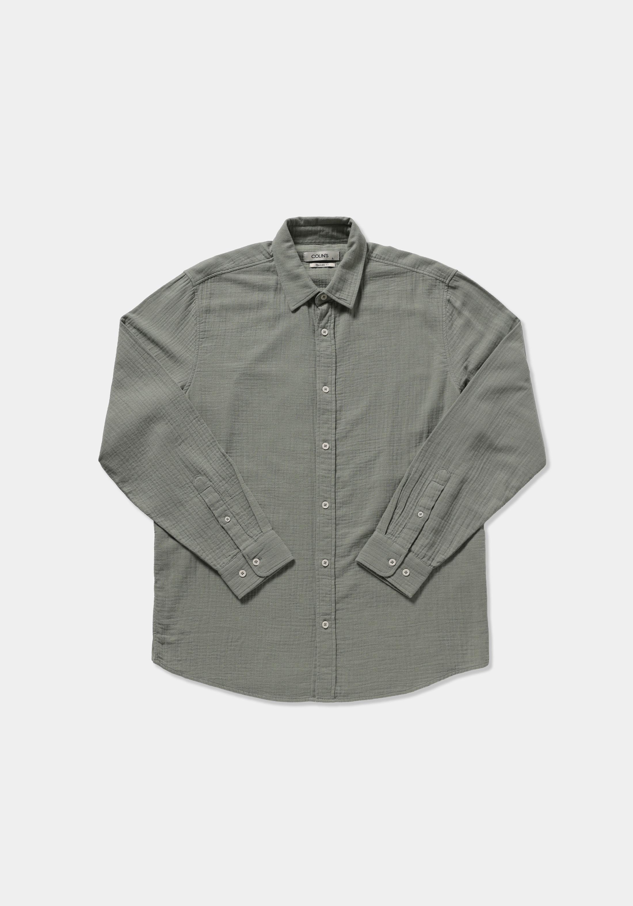 Relaxed Fit Shirt Neck Düz Erkek Yeşil Uzun Kol Gömlek