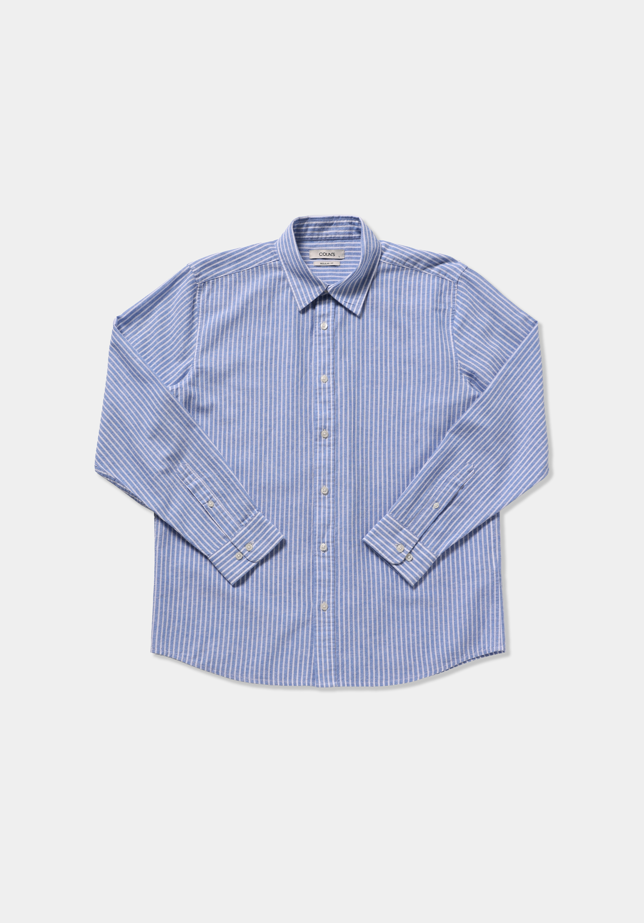 Regular Fit Shirt Neck Çizgili Erkek Mavi Uzun Kol Gömlek
