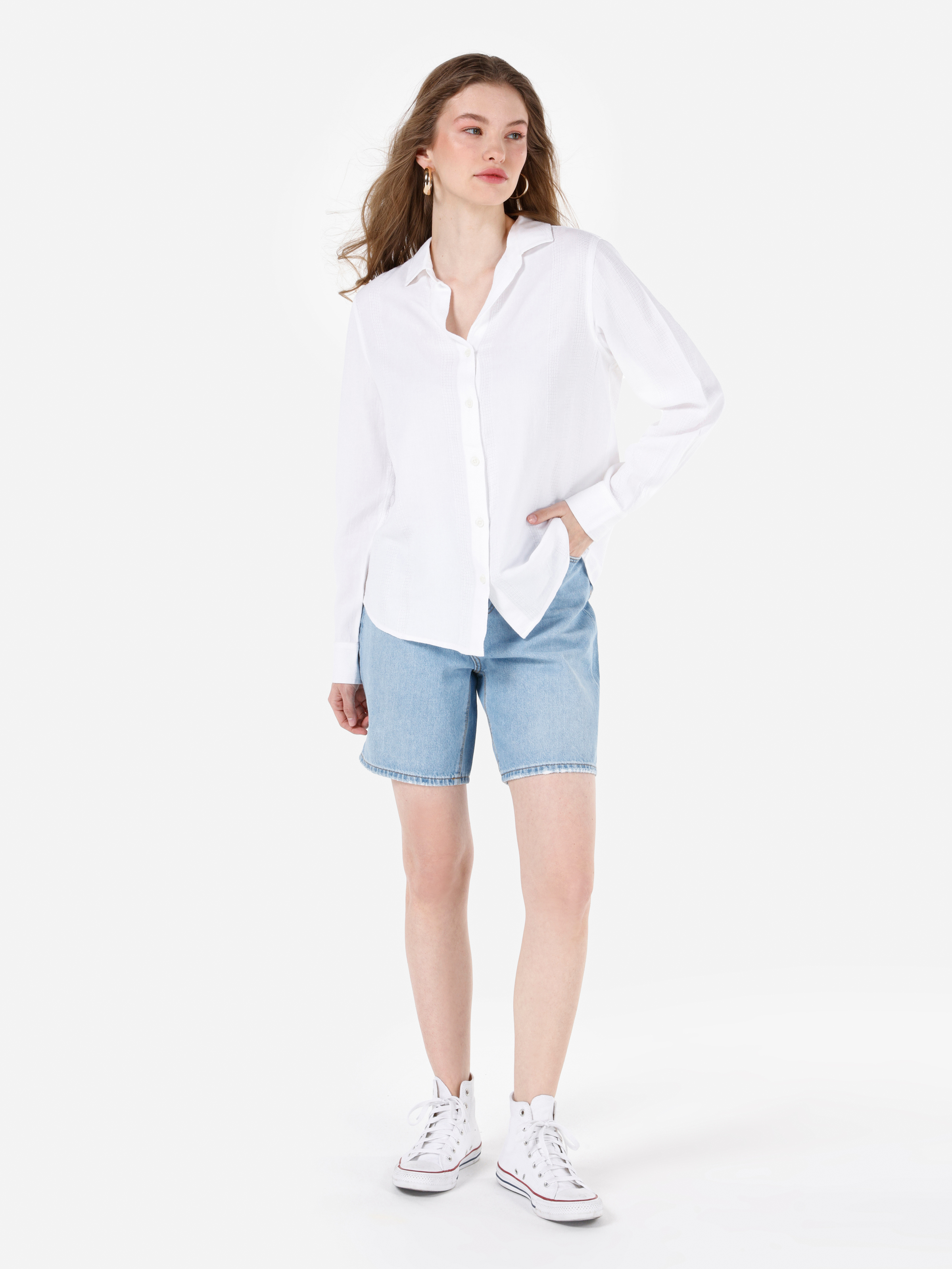 Regular Fit Shirt Neck Düz Kadın Beyaz Uzun Kol Gömlek