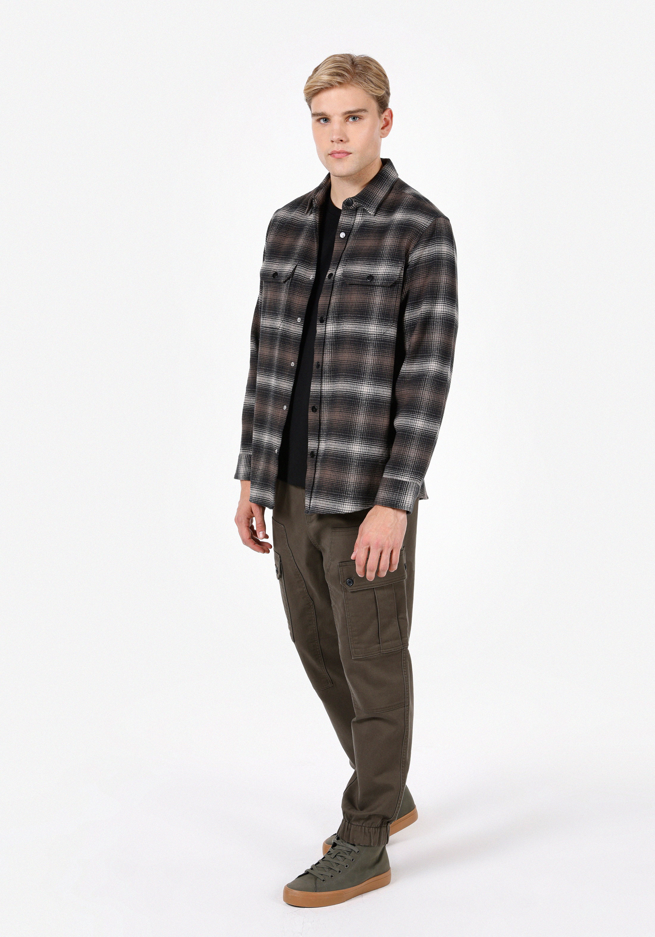 Comfort Fit Shirt Neck Ekoseli Erkek Kahverengi Uzun Kol Gömlek