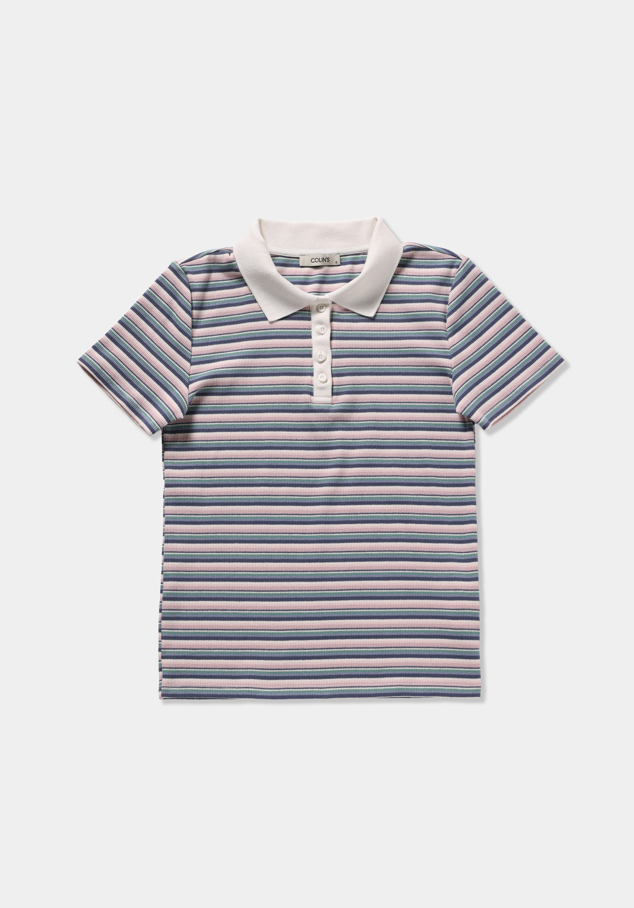 Slim Fit Polo Yaka Çizgili Kadın Pembe Kısa Kol Tişört