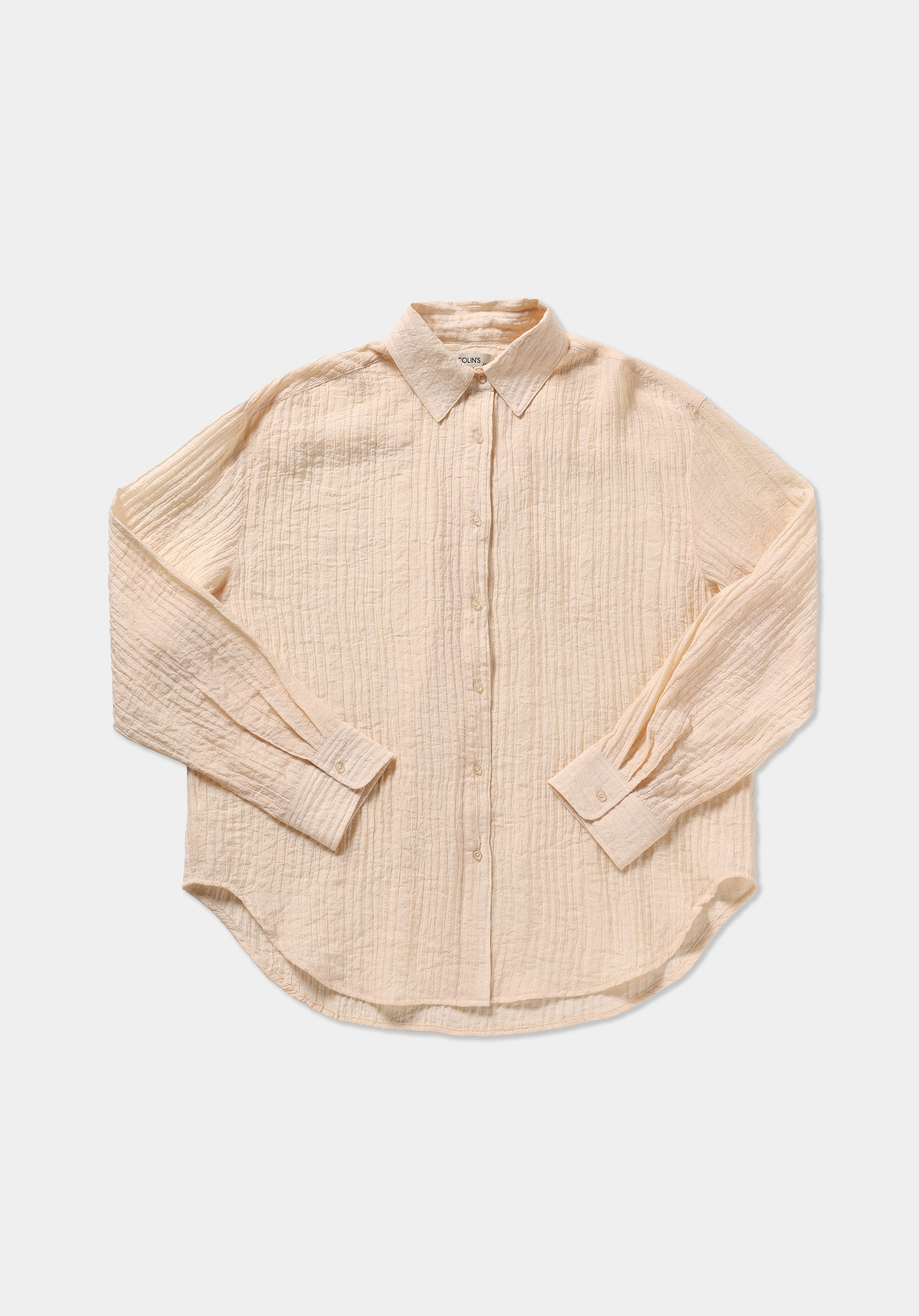 Oversize Fit Shirt Neck Düz Kadın Bej Uzun Kol Gömlek