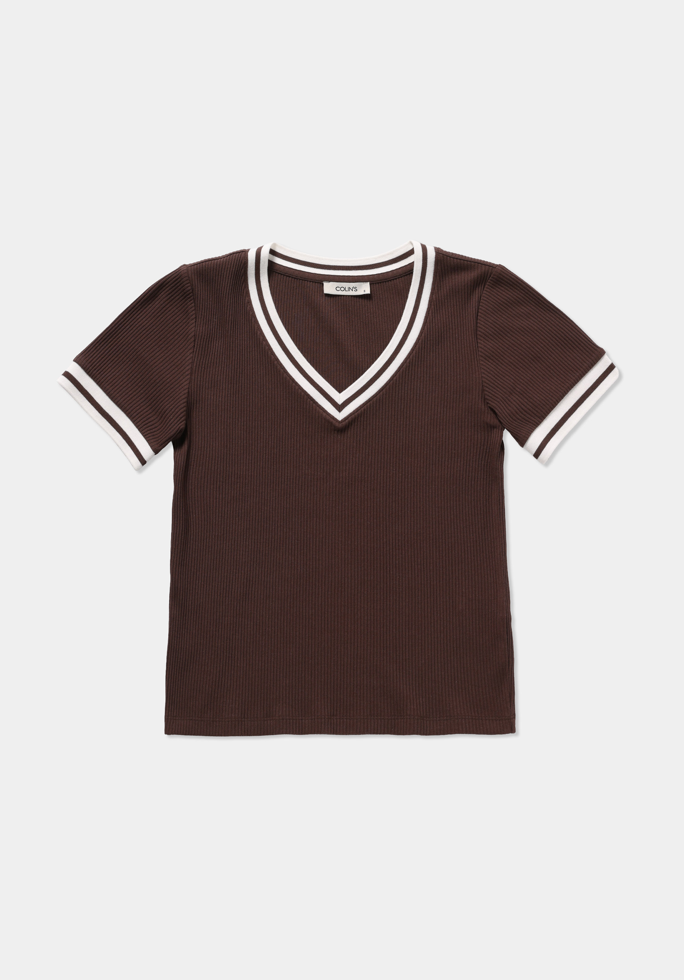 Slim Fit V Yaka Düz Kadın Kahverengi Kısa Kol Tişört