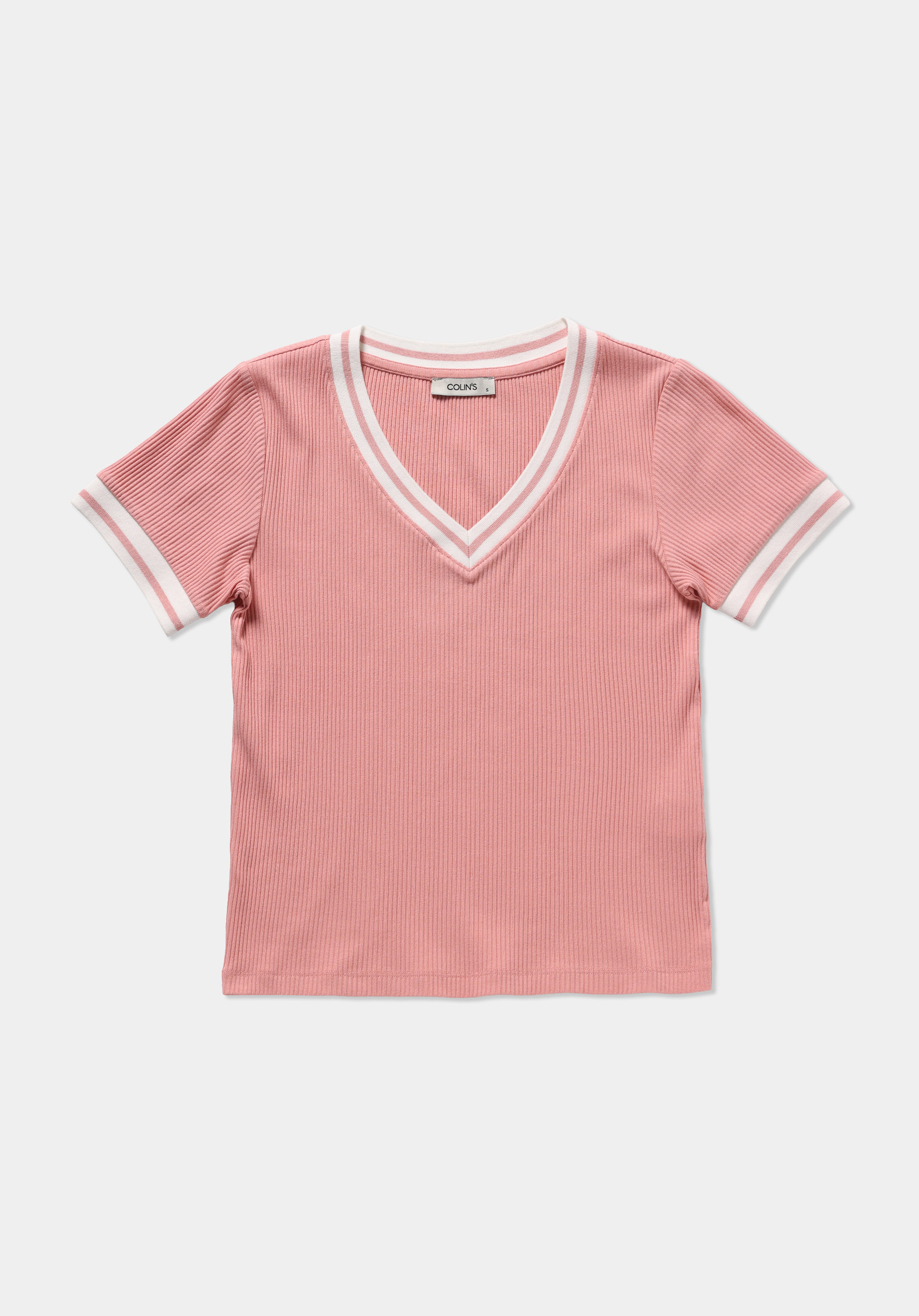 Slim Fit V Yaka Düz Kadın Pembe Kısa Kol Tişört