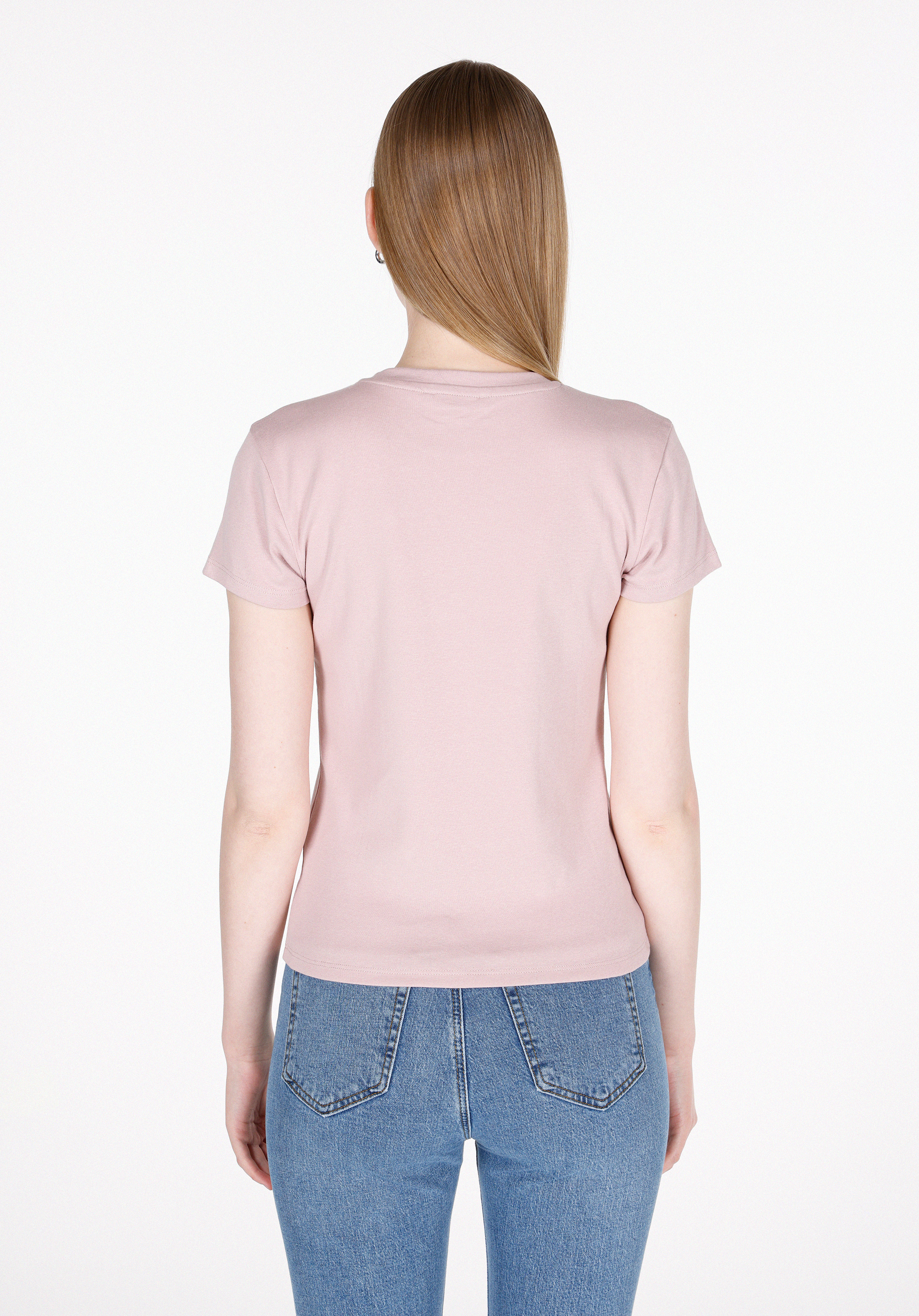 Slim Fit Yuvarlak Yaka Düz Kadın Pembe Kısa Kol Tişört