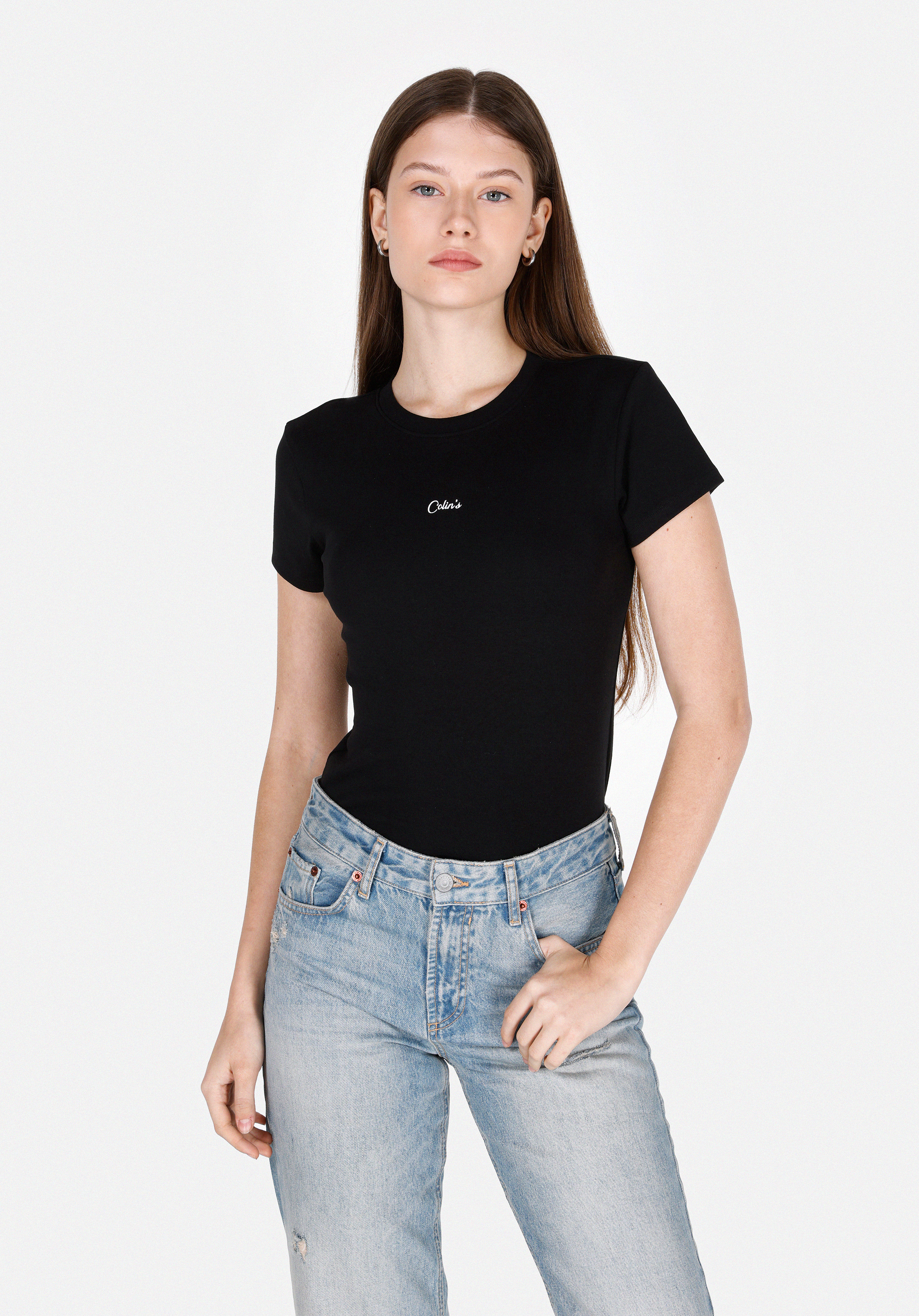 Slim Fit Yuvarlak Yaka Baskılı Kadın Siyah Kısa Kol Tişört