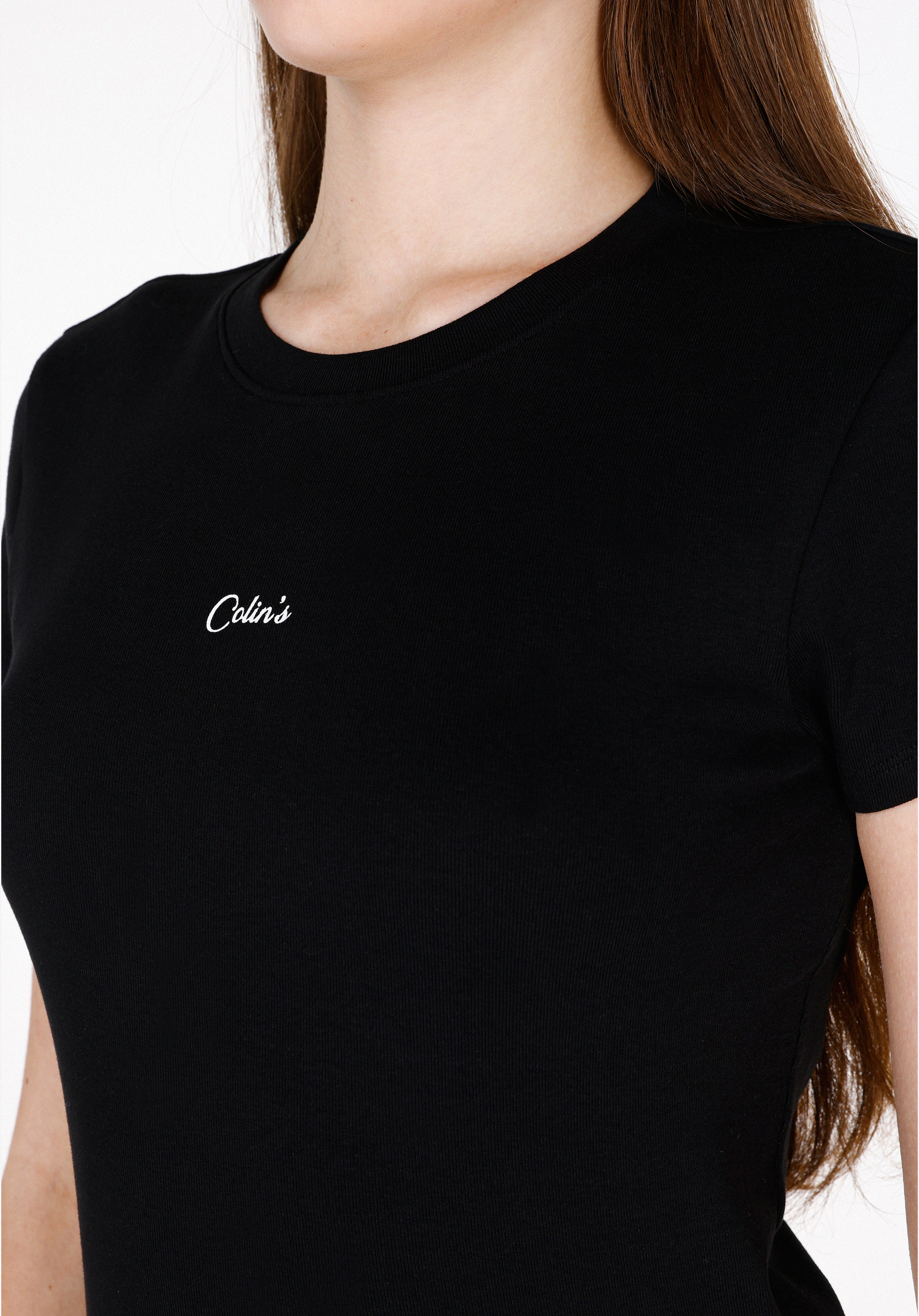 Slim Fit Yuvarlak Yaka Baskılı Kadın Siyah Kısa Kol Tişört