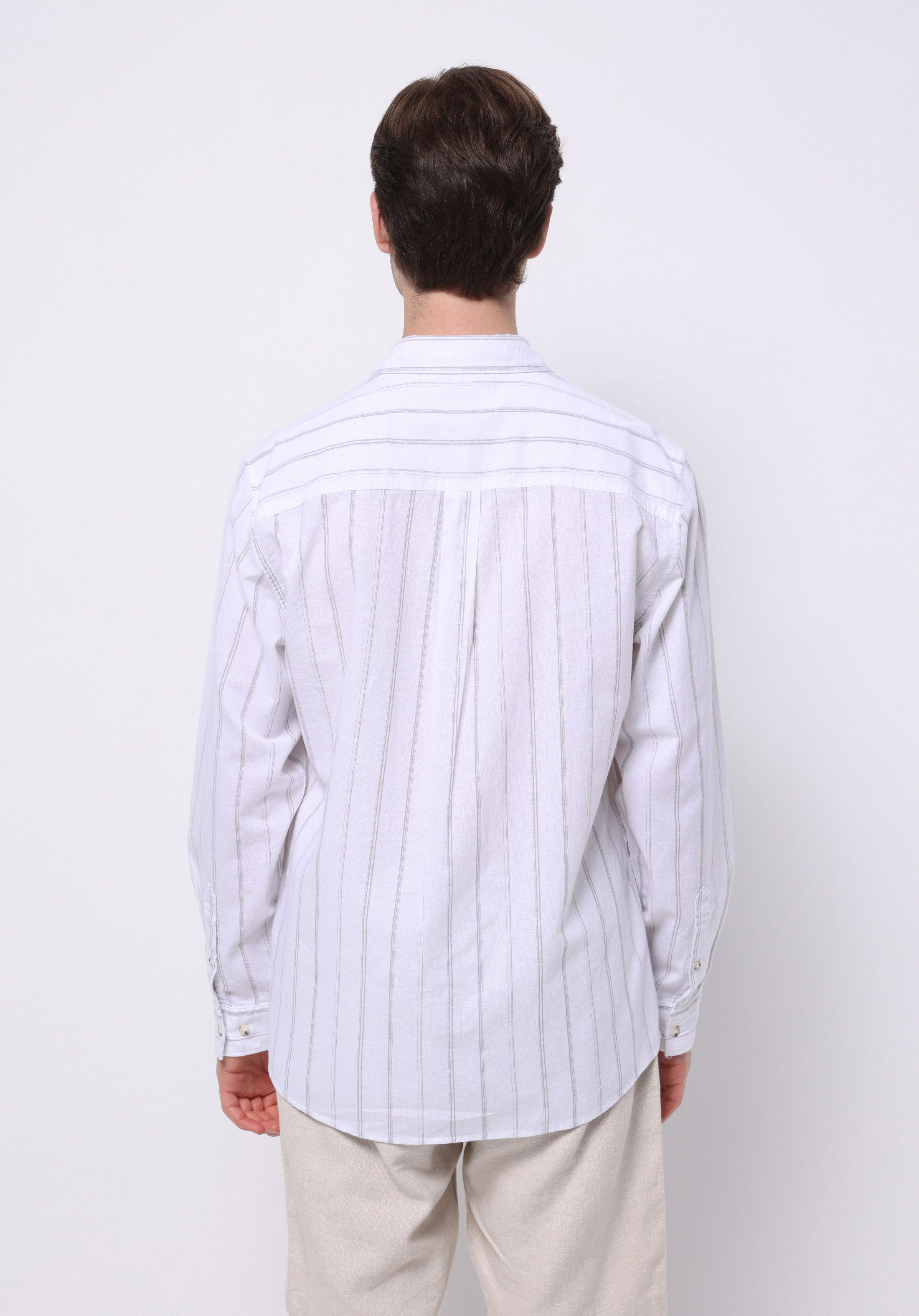 Regular Fit Shirt Neck Çizgili Erkek Beyaz Uzun Kol Gömlek