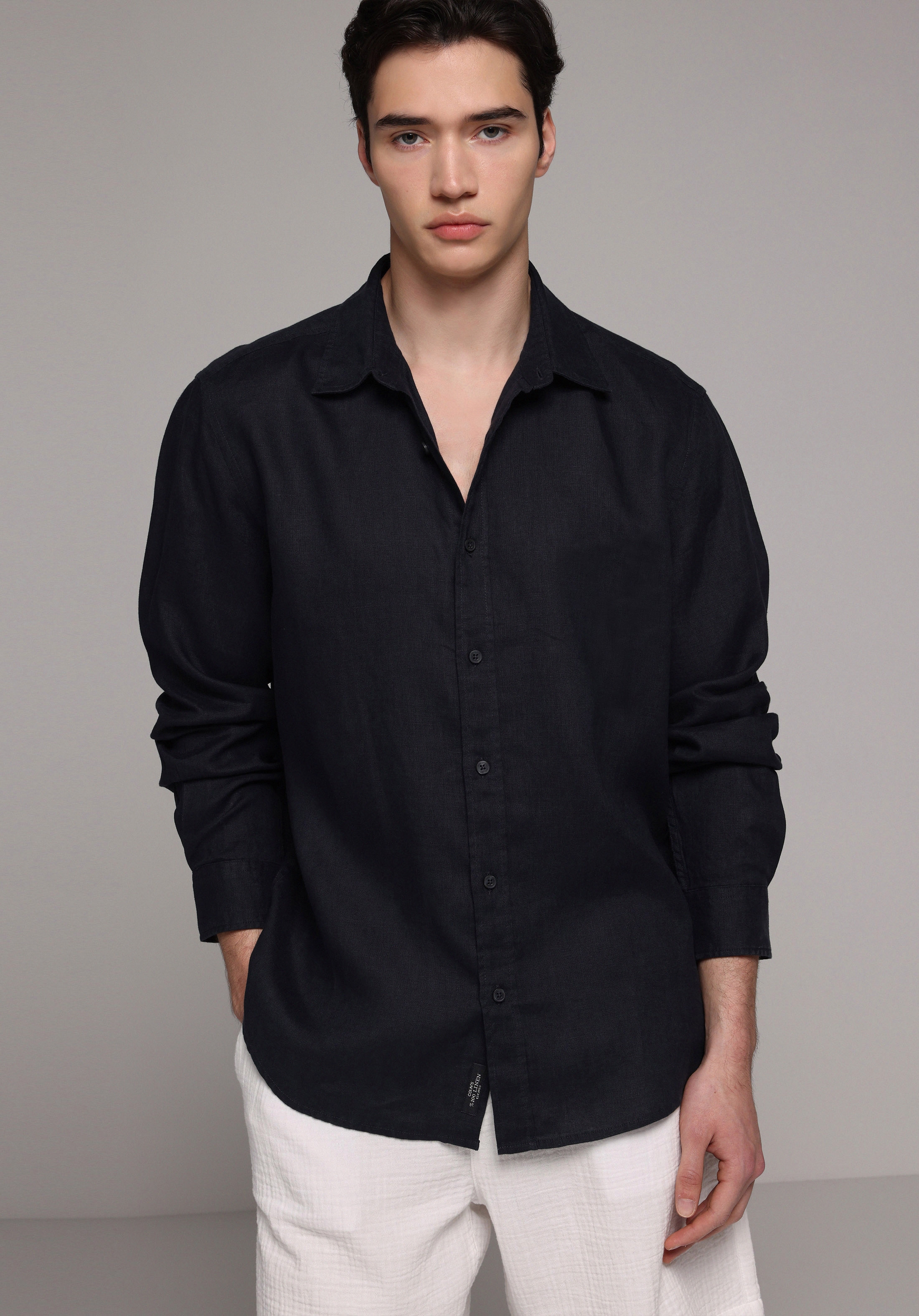 Regular Fit Shirt Neck Düz Erkek Lacivert Uzun Kol Gömlek