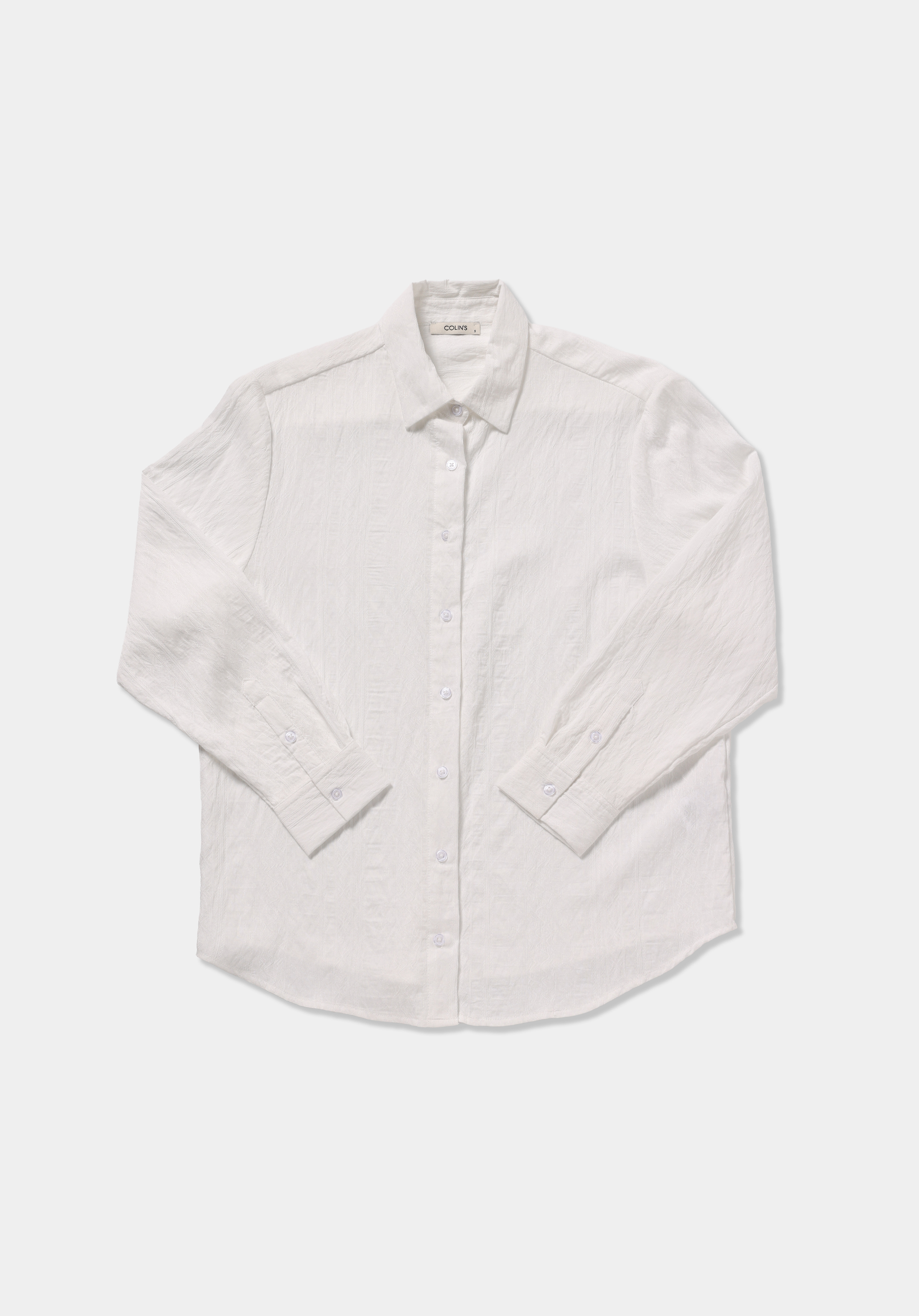 Boyfriend Fit Shirt Neck Jakarlı Kadın Beyaz Uzun Kol Gömlek