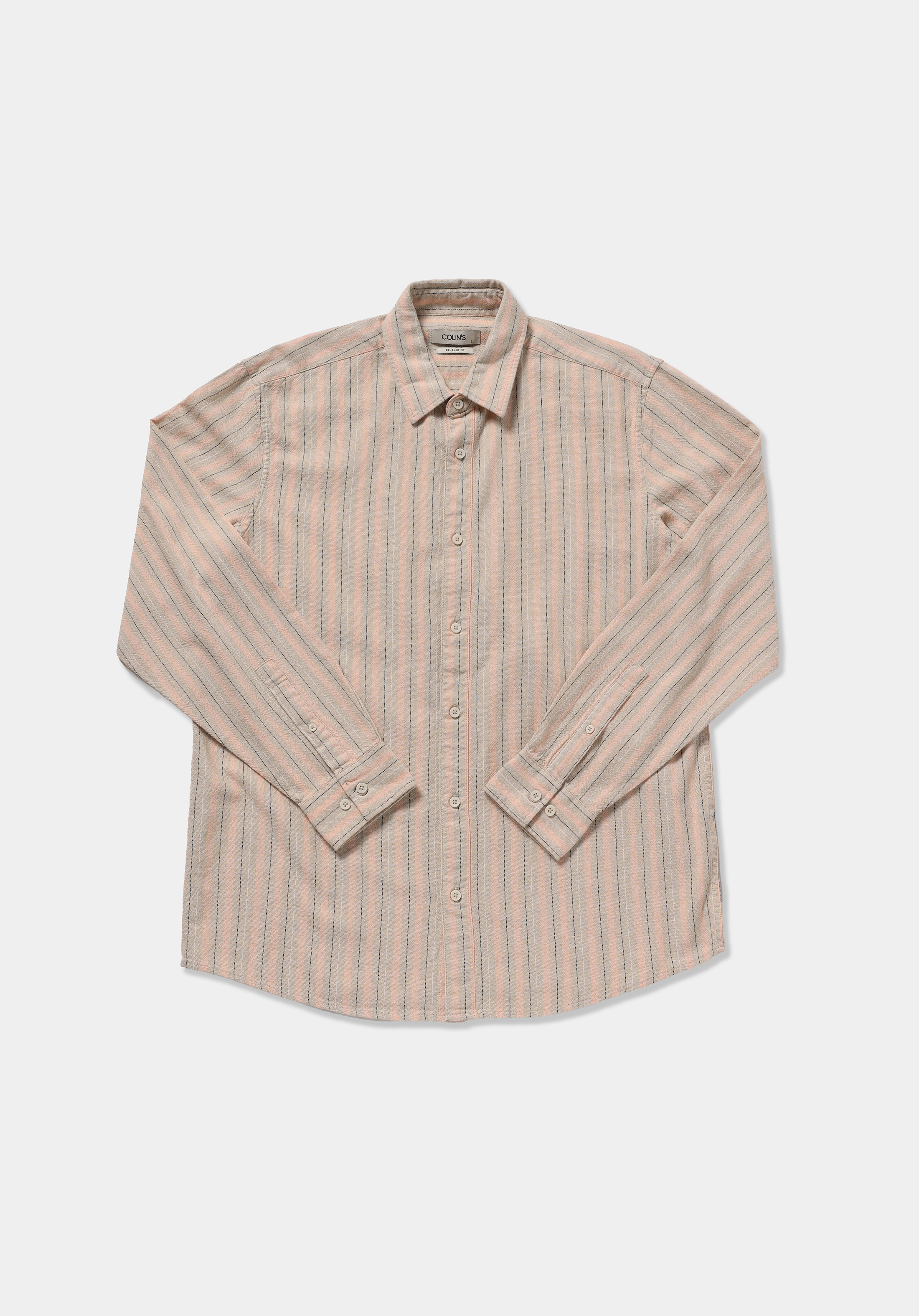 Relaxed Fit Shirt Neck Çizgili Erkek Turuncu Uzun Kol Gömlek