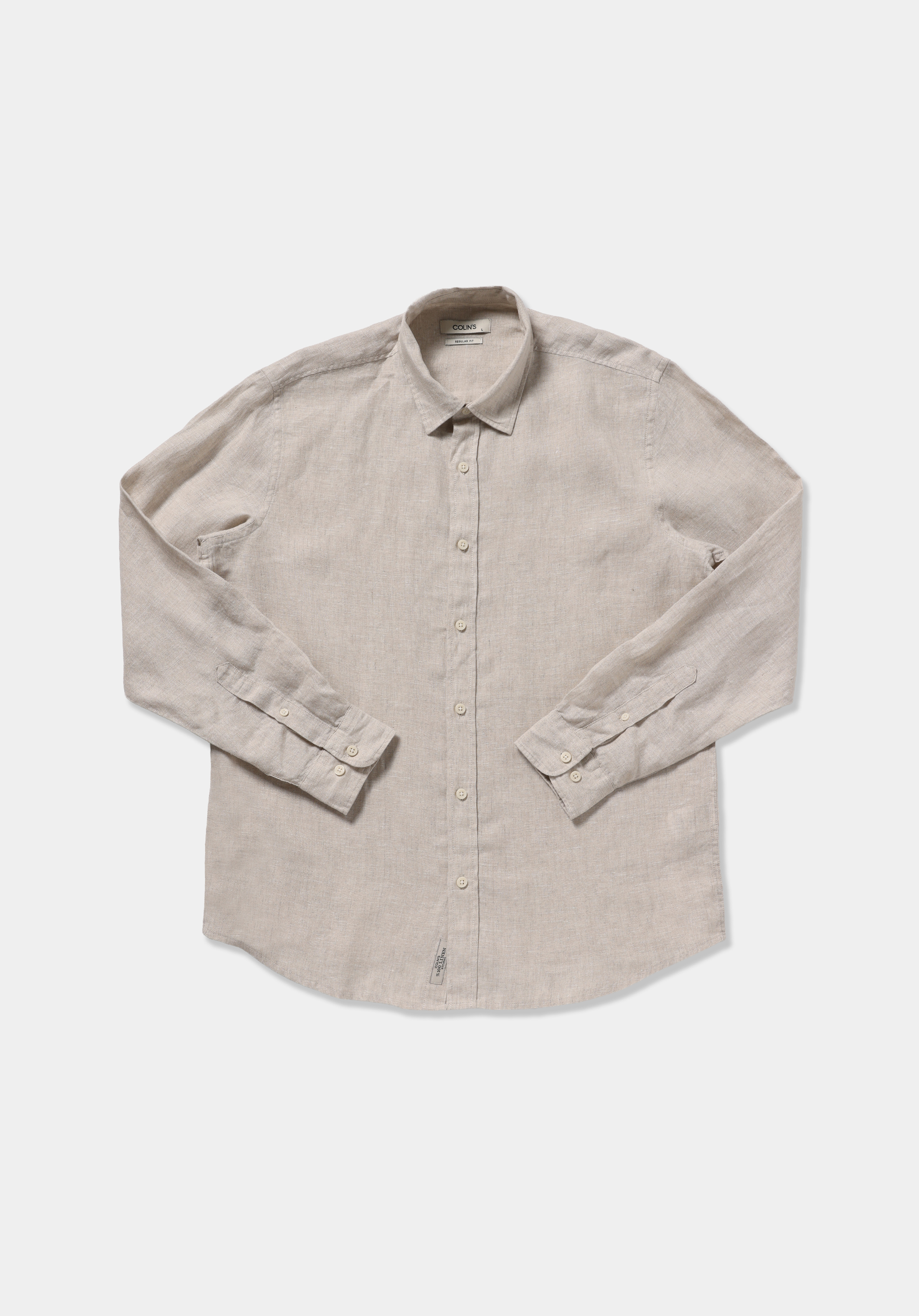 Regular Fit Shirt Neck Düz Erkek Bej Uzun Kol Gömlek